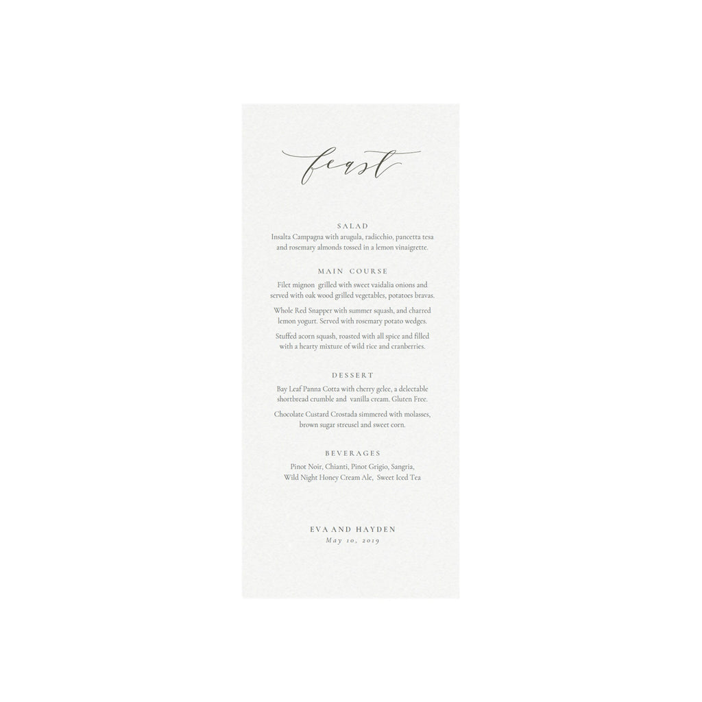 Slate Gray Calligraphy Wedding Menu Template 4x9.25 (PDF Instant Download)