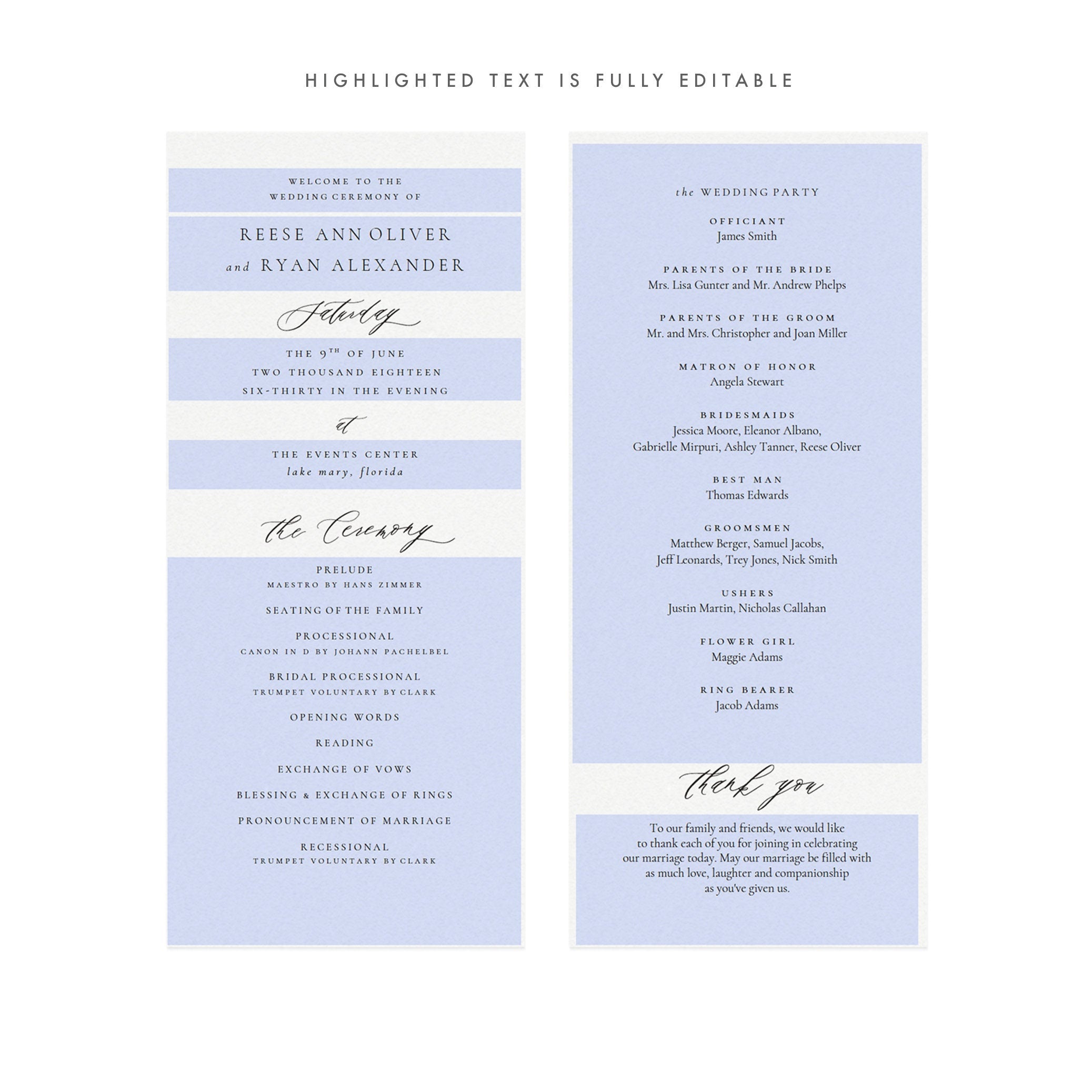 Calligraphy Wedding Program Template: Editable 4x9" Flat Panel (PDF Download)
