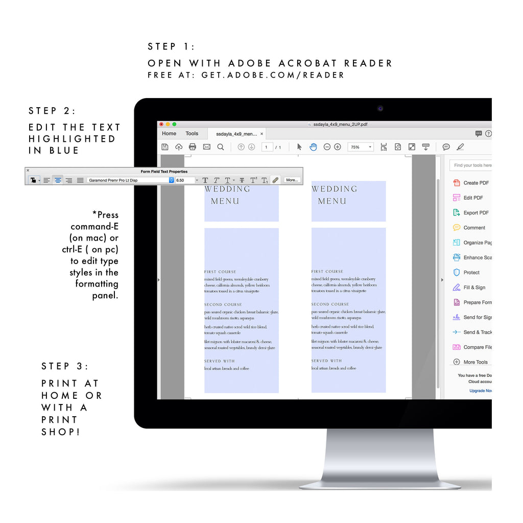 Minimalist Wedding Menu Template: Printable 4x9 Reception Dinner (PDF)