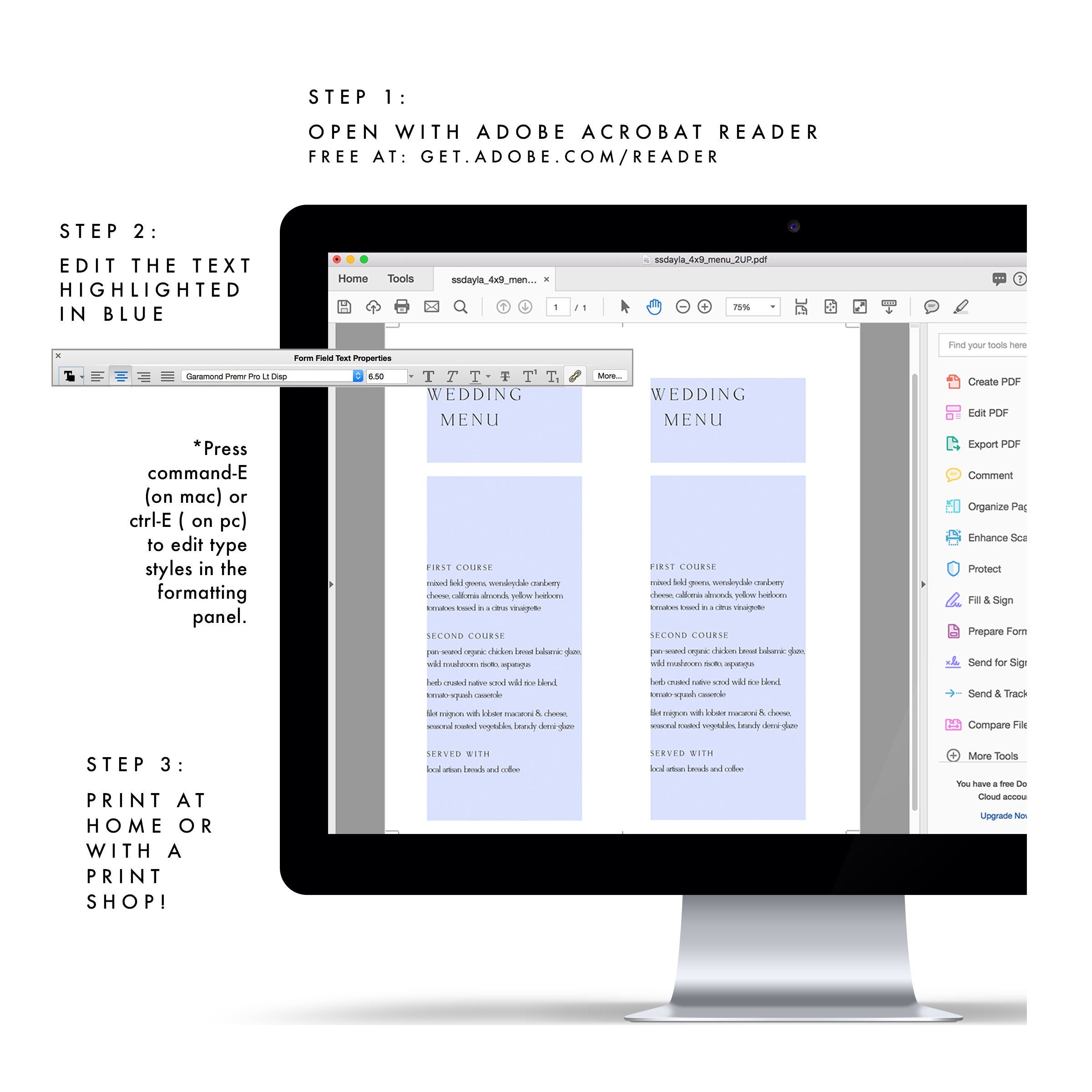Minimalist Wedding Menu Template: Printable 4x9 Reception Dinner (PDF)