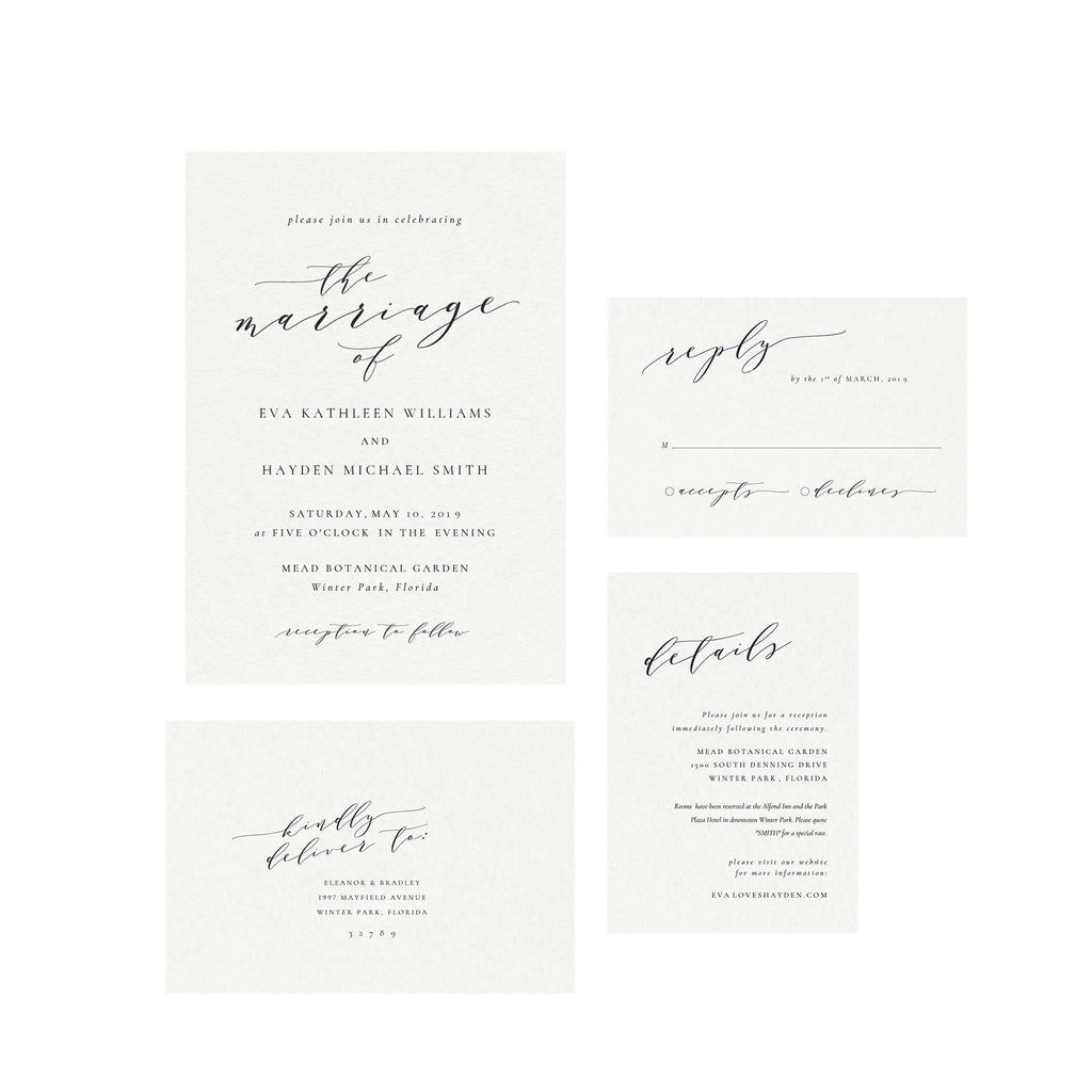 Black Calligraphy Wedding Invitation Set: 'Melia' Editable Template (PDF)