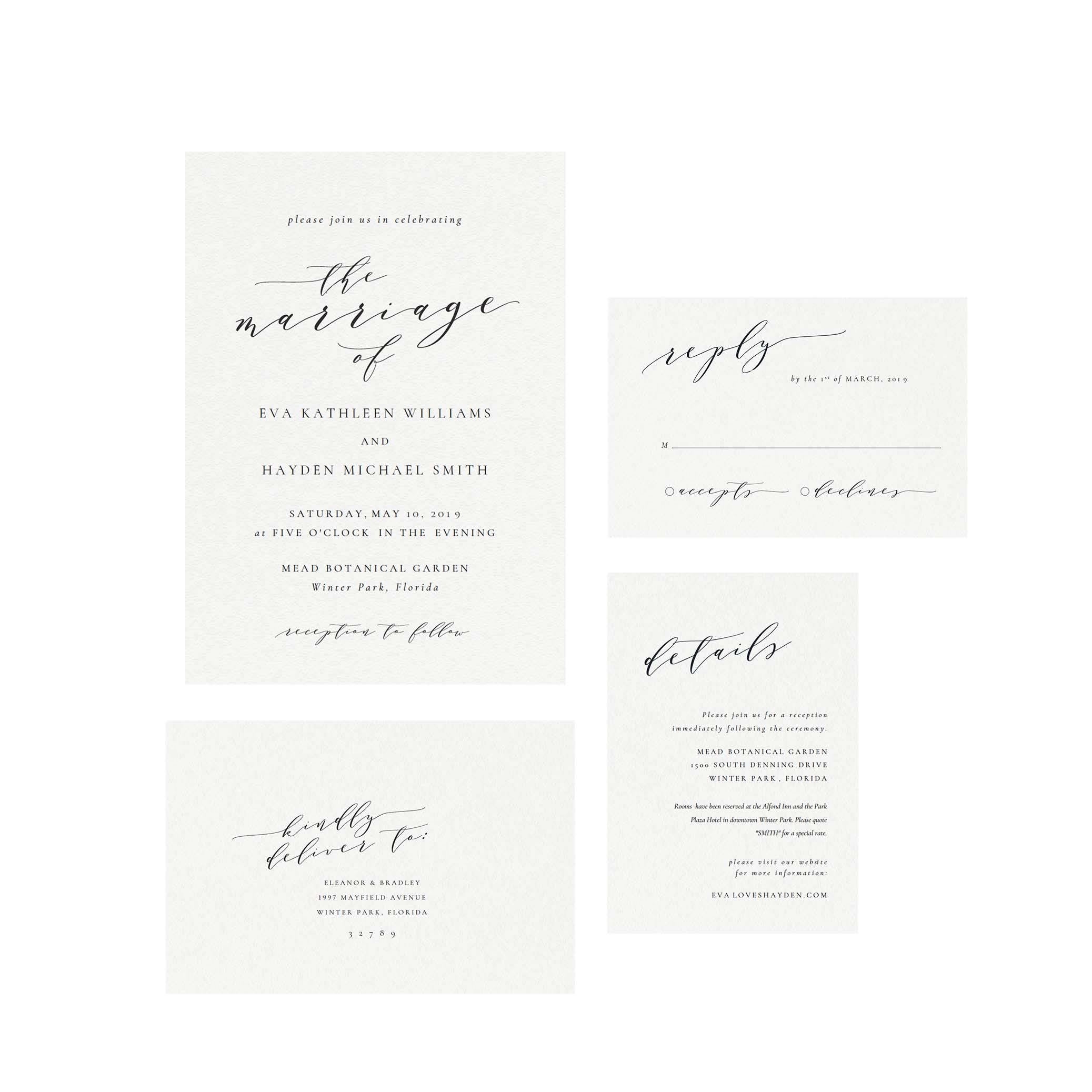 Black Calligraphy Wedding Invitation Set: 'Melia' Editable Template (PDF)