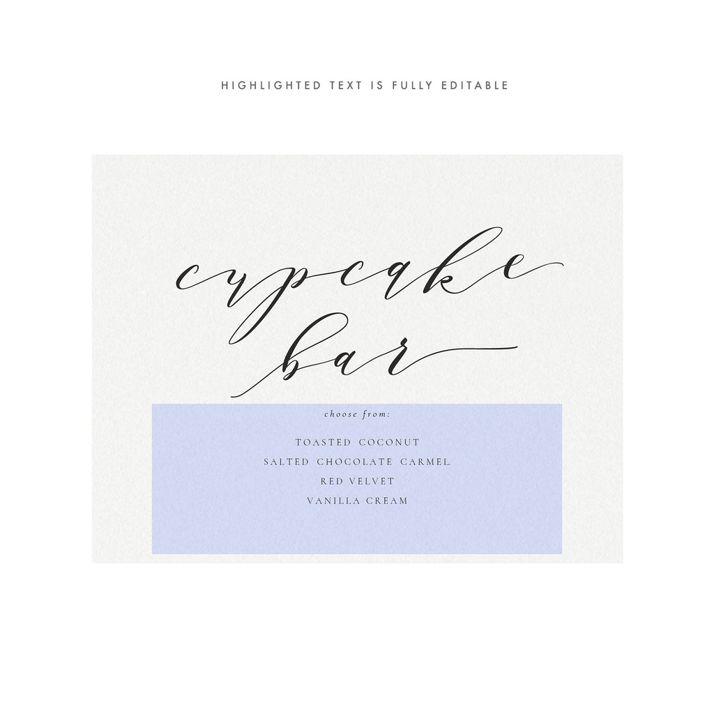 Calligraphy Cupcake Bar Sign: Wedding Dessert Menu (PDF Download)