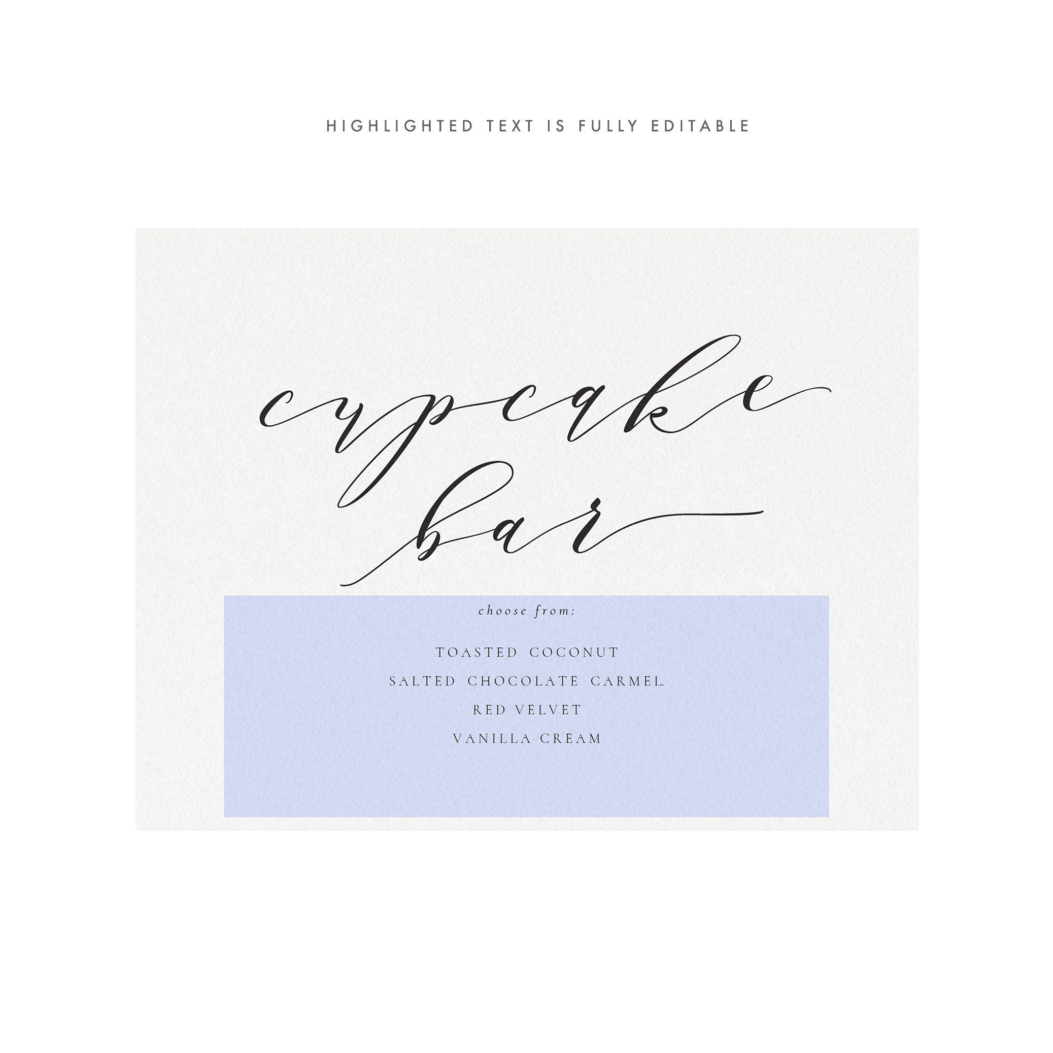 Calligraphy Cupcake Bar Sign: Wedding Dessert Menu (PDF Download)