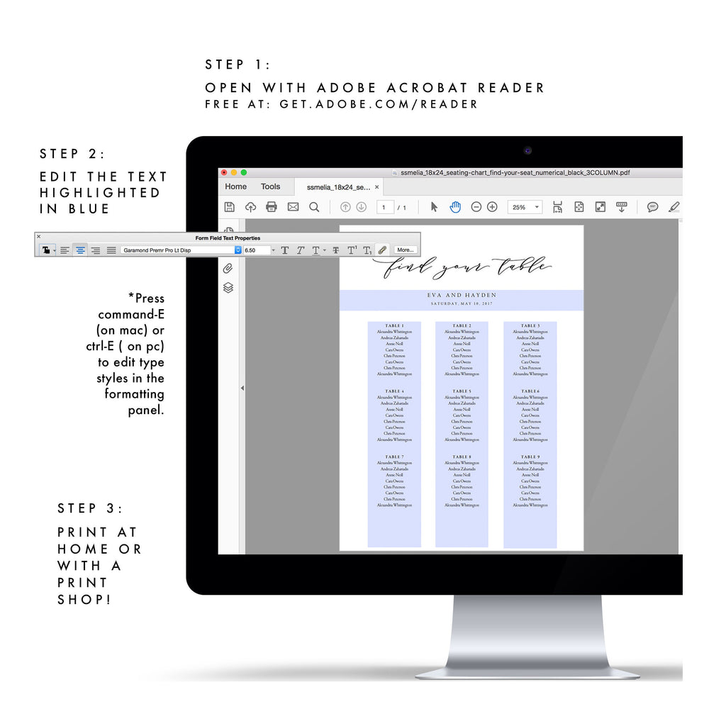 Calligraphy Wedding Seating Chart Template: Melia, 18x24 (Printable PDF)