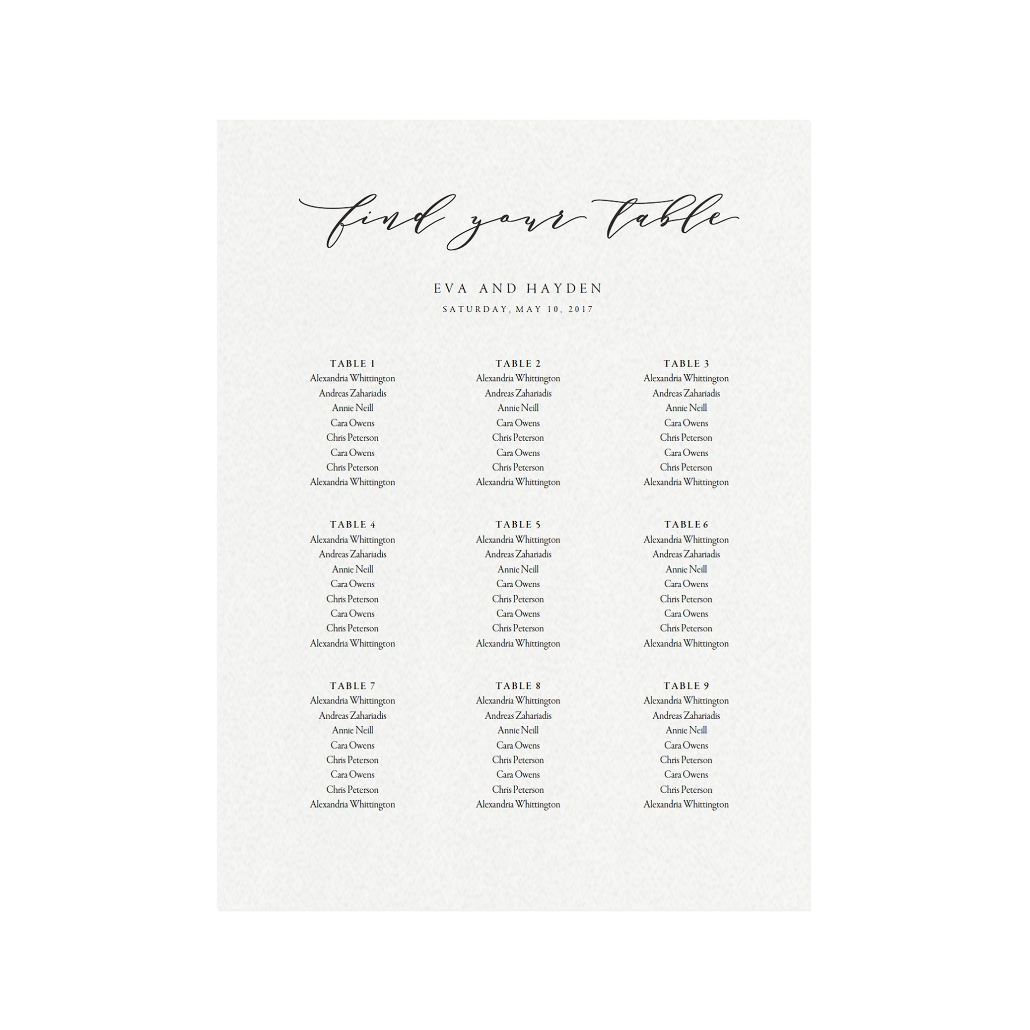Calligraphy Wedding Seating Chart Template: Melia, 18x24 (Printable PDF)