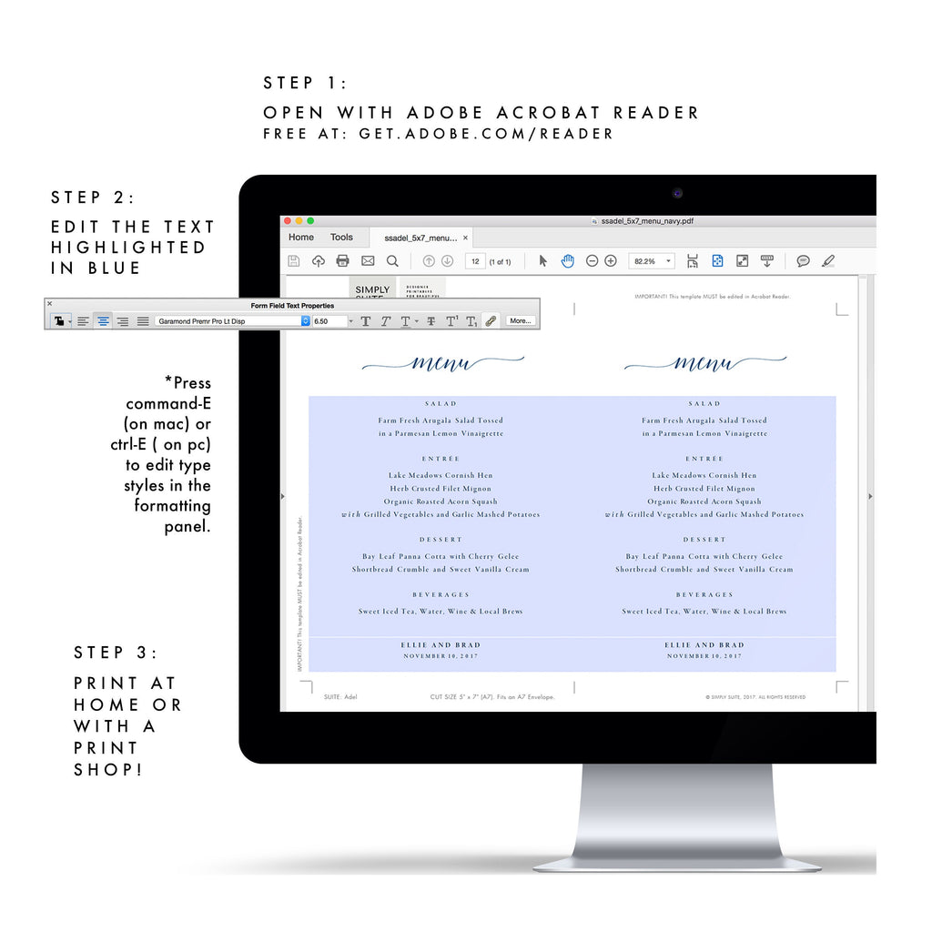 Navy Blue Calligraphy Wedding Menu Template: Minimalist PDF (5x7)