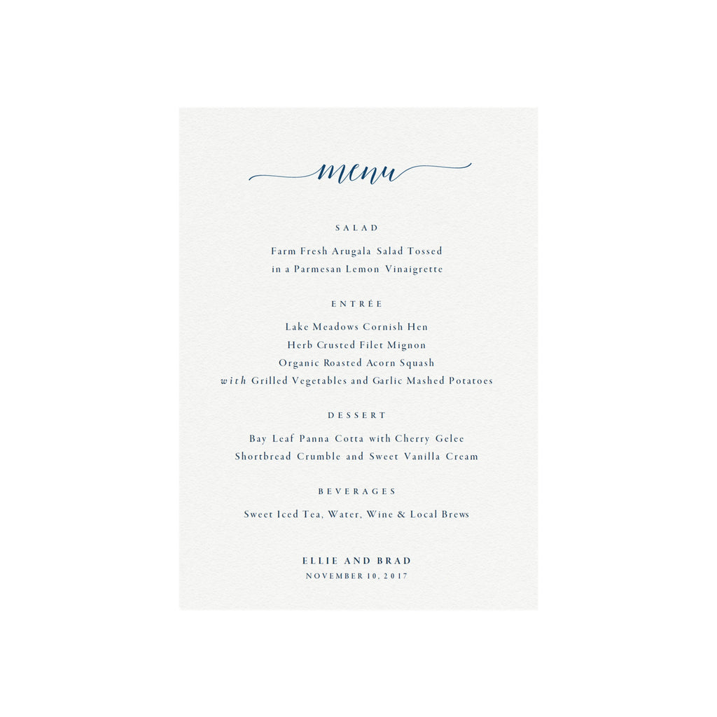 Navy Blue Calligraphy Wedding Menu Template: Minimalist PDF (5x7)