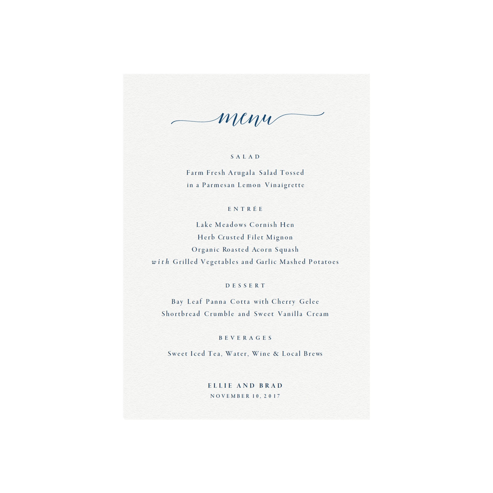 Navy Blue Calligraphy Wedding Menu Template: Minimalist PDF (5x7)