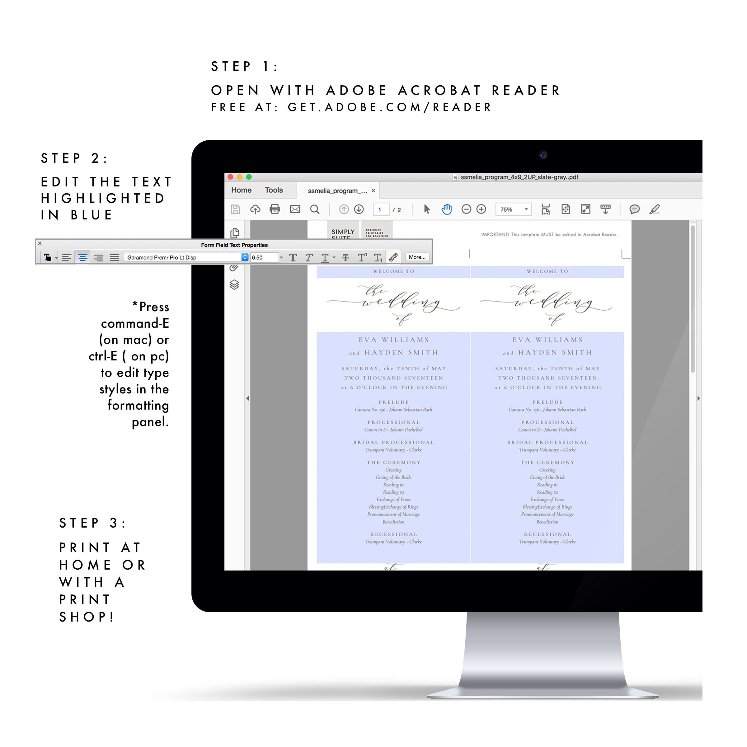 Slate Gray Calligraphy Wedding Program Template (PDF)
