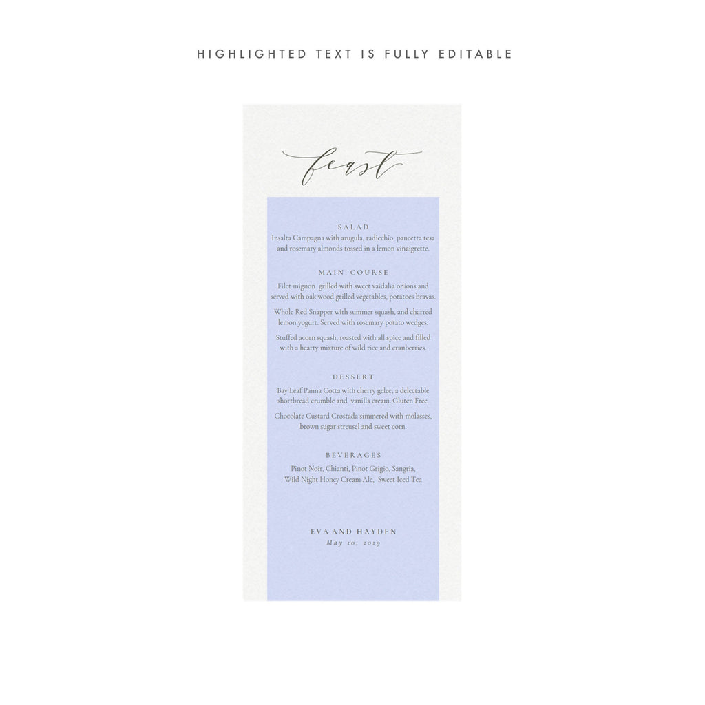 Slate Gray Calligraphy Wedding Menu Template 4x9.25 (PDF Instant Download)