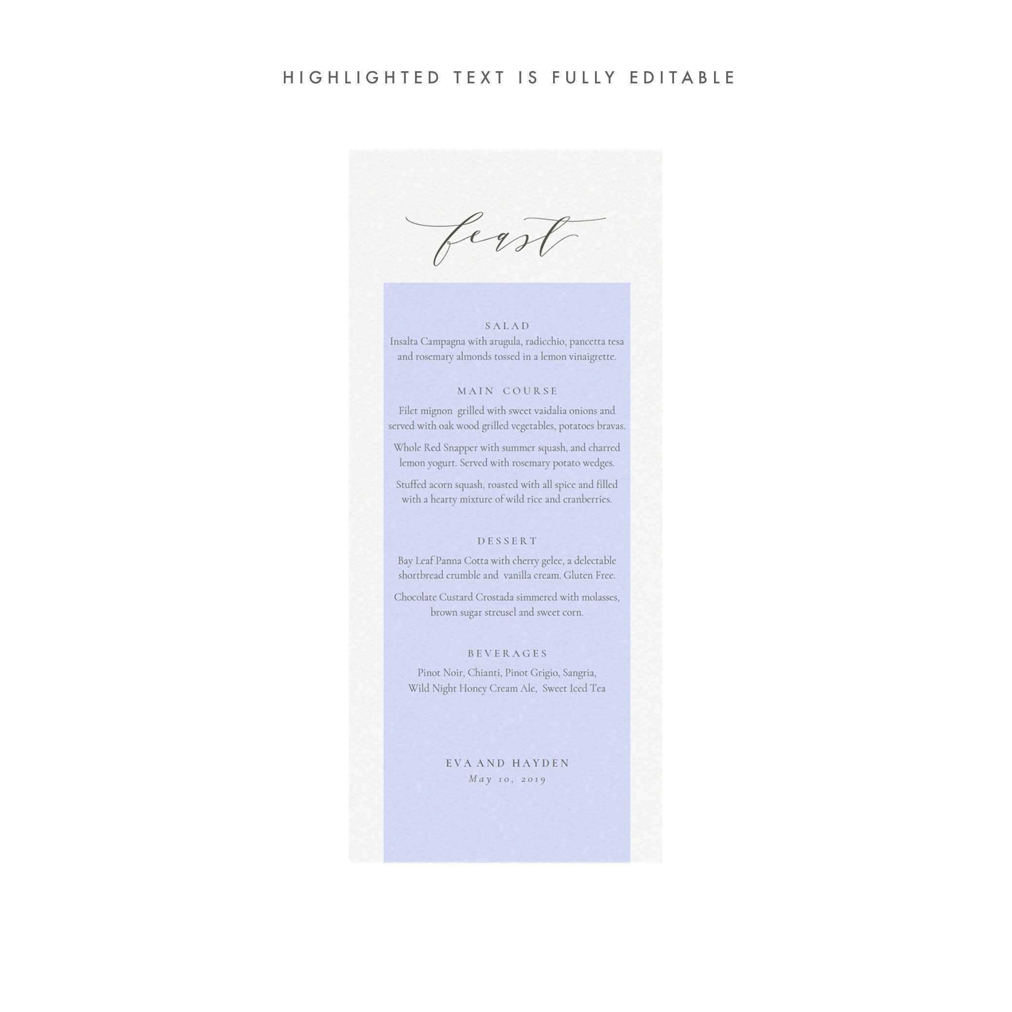 Slate Gray Calligraphy Wedding Menu Template 4x9.25 (PDF Instant Download)