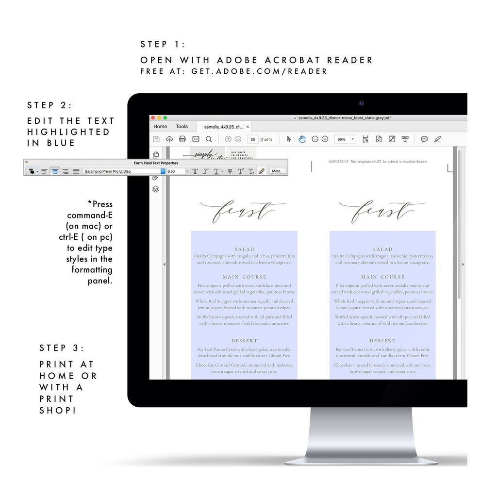 Slate Gray Calligraphy Wedding Menu Template 4x9.25 (PDF Instant Download)