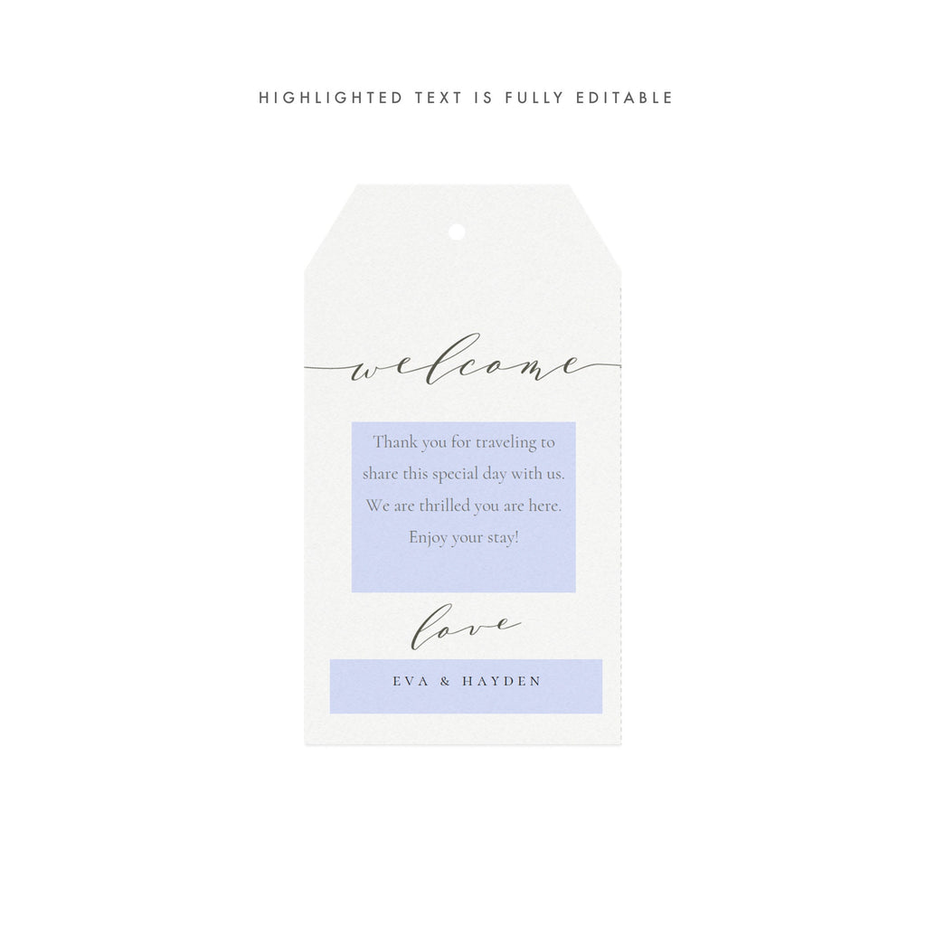 Slate Gray Wedding Welcome Tag Template: Calligraphy Gift Bag (PDF Instant Download)