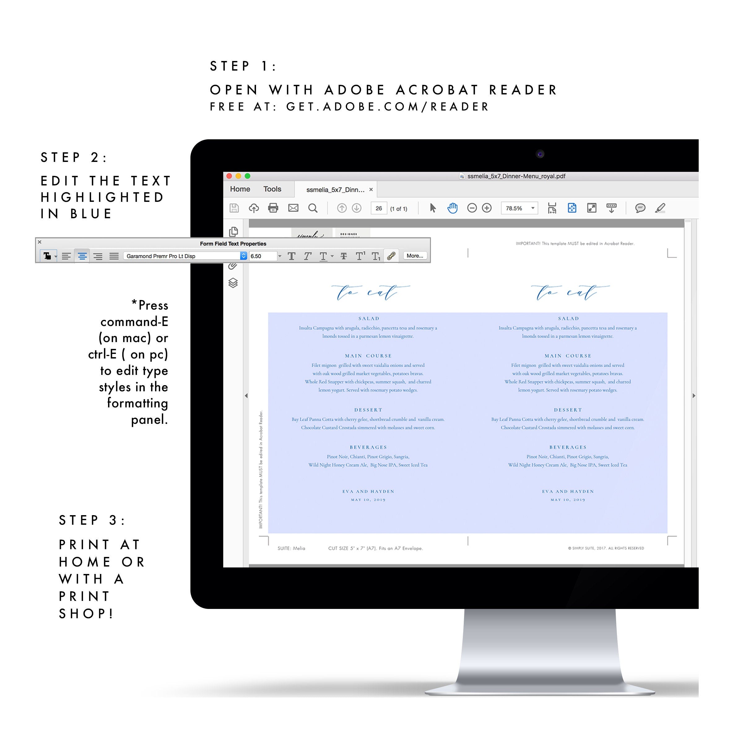 Cobalt Blue Calligraphy Wedding Menu Template: 5x7 Printable (PDF)