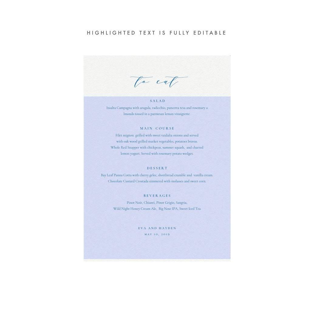 Cobalt Blue Calligraphy Wedding Menu Template: 5x7 Printable (PDF)