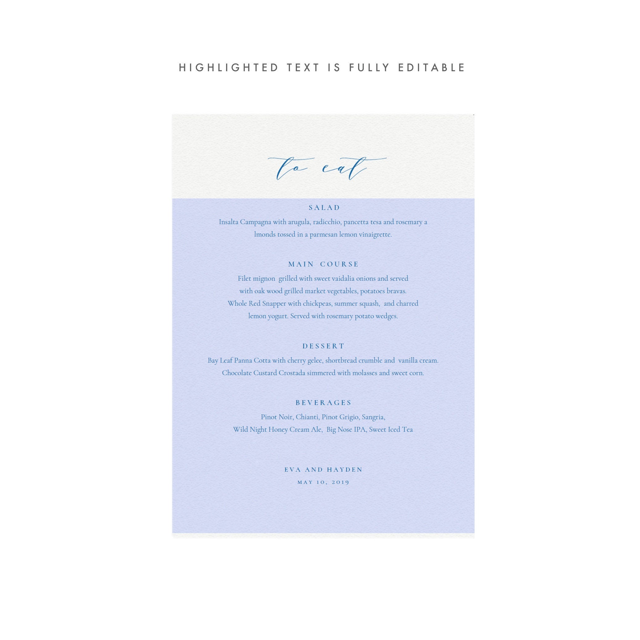 Cobalt Blue Calligraphy Wedding Menu Template: 5x7 Printable (PDF)