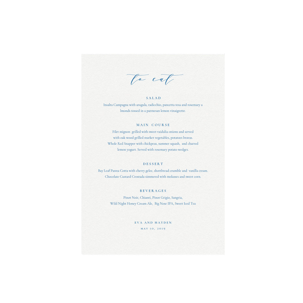 Cobalt Blue Calligraphy Wedding Menu Template: 5x7 Printable (PDF)