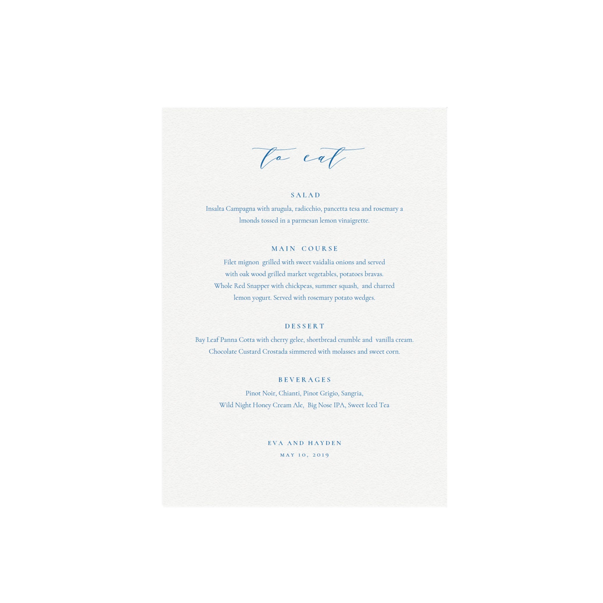 Cobalt Blue Calligraphy Wedding Menu Template: 5x7 Printable (PDF)