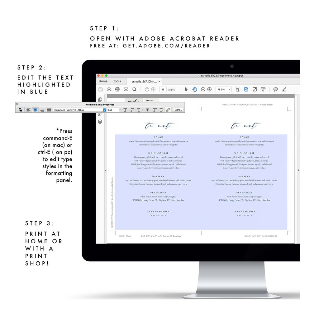 Navy Blue Calligraphy Wedding Menu Template: Minimalist 5x7 (PDF Instant Download)