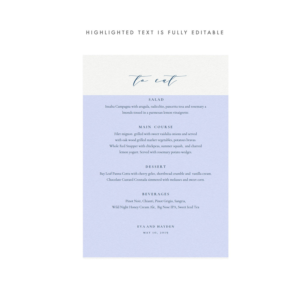 Navy Blue Calligraphy Wedding Menu Template: Minimalist 5x7 (PDF Instant Download)