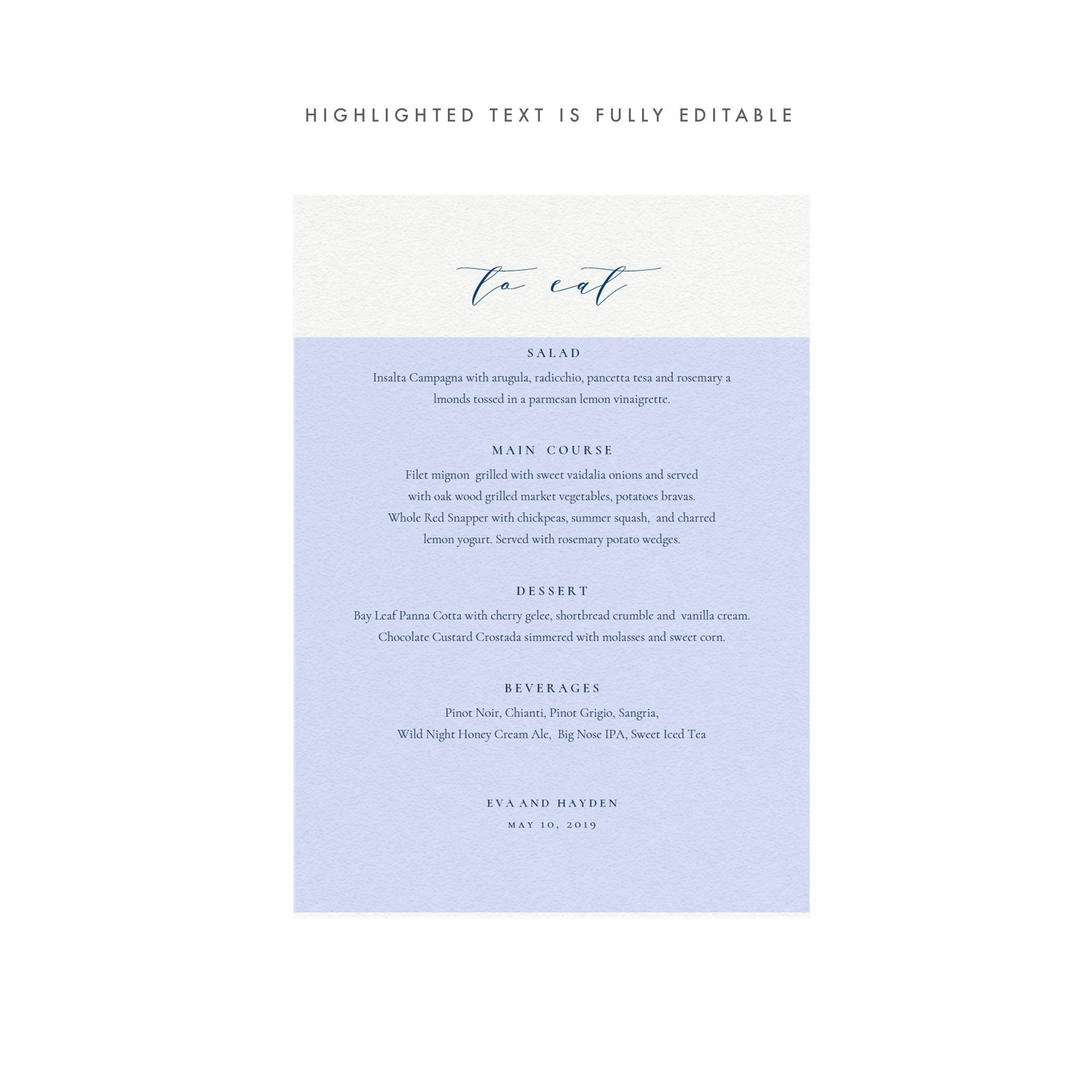 Navy Blue Calligraphy Wedding Menu Template: Minimalist 5x7 (PDF Instant Download)