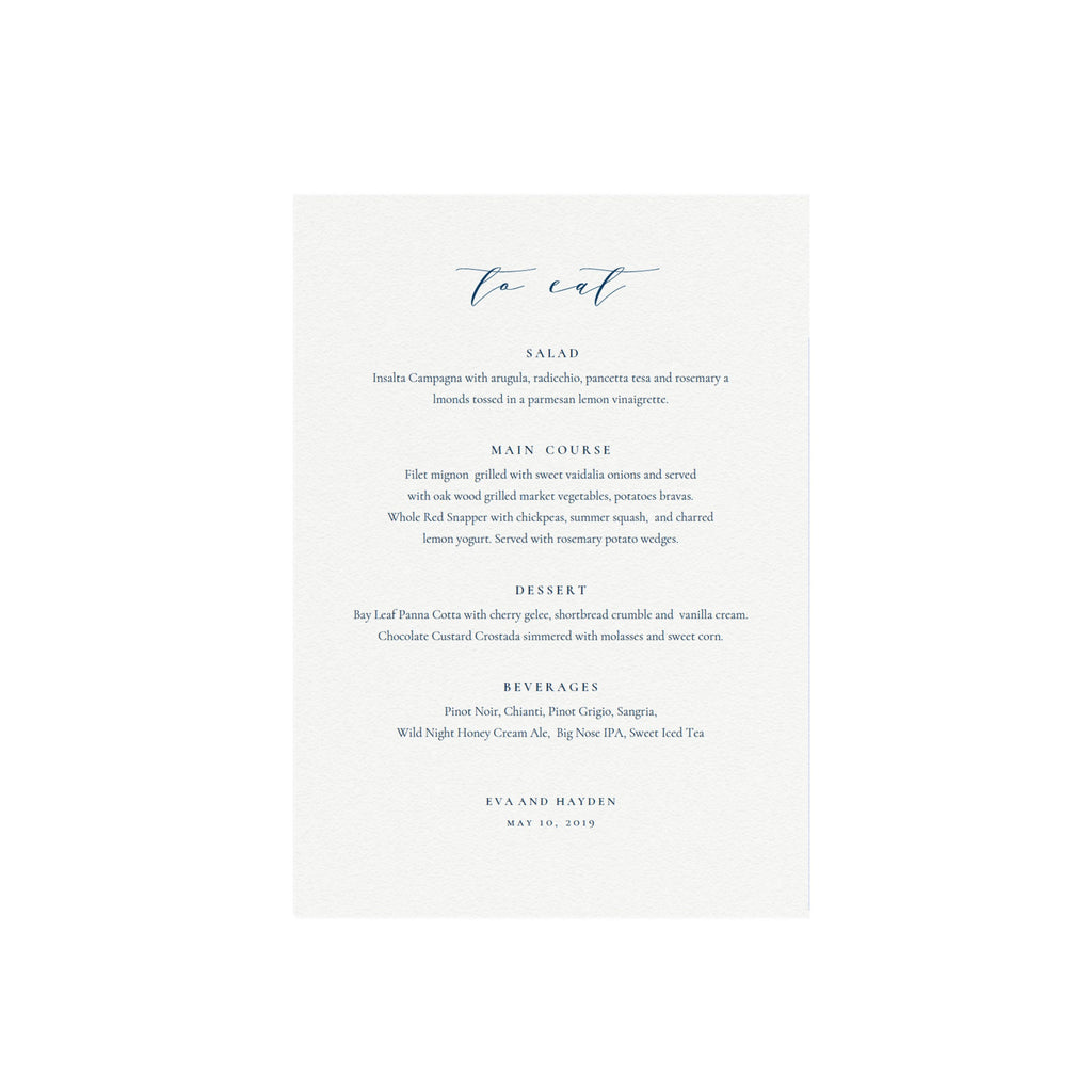 Navy Blue Calligraphy Wedding Menu Template: Minimalist 5x7 (PDF Instant Download)