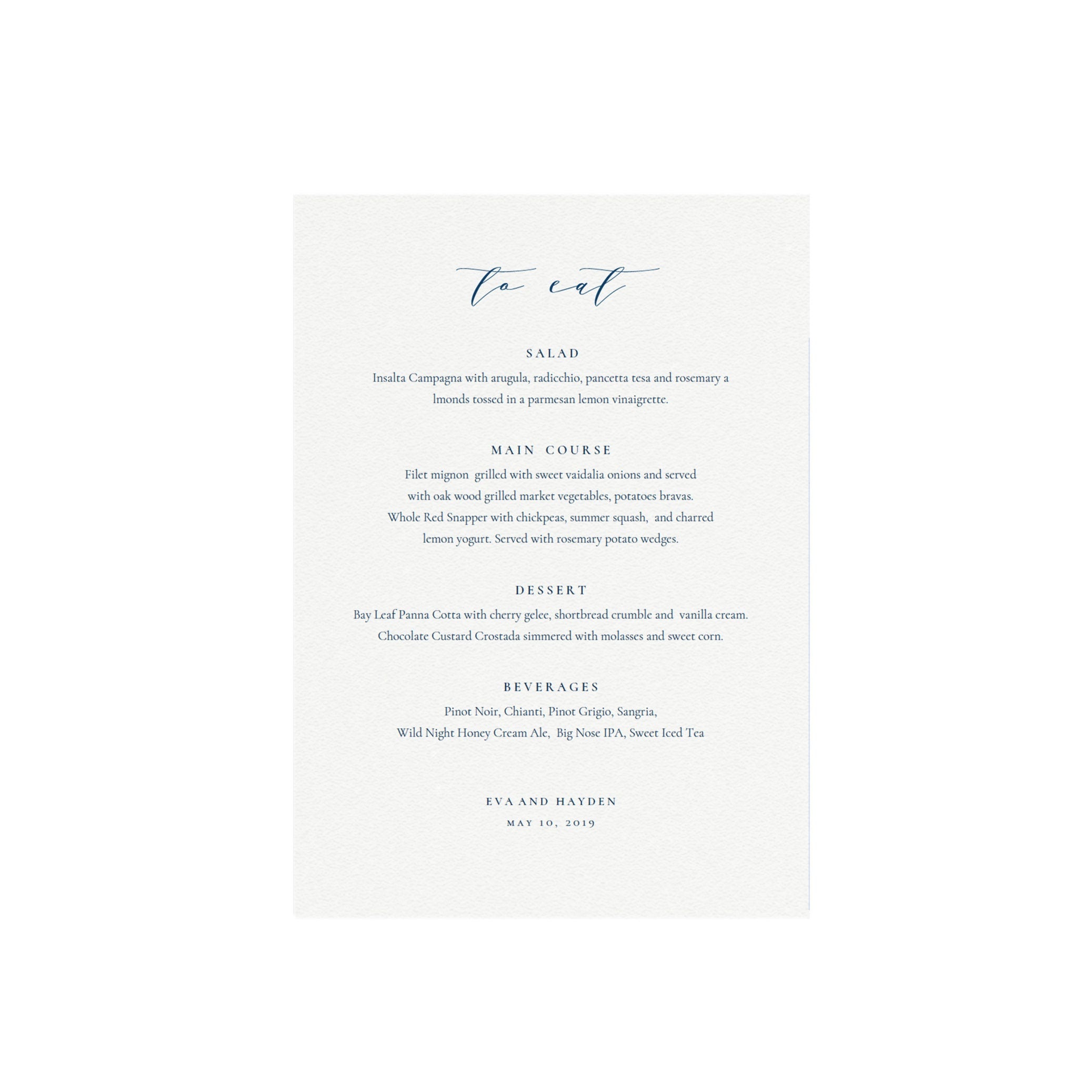 Navy Blue Calligraphy Wedding Menu Template: Minimalist 5x7 (PDF Instant Download)