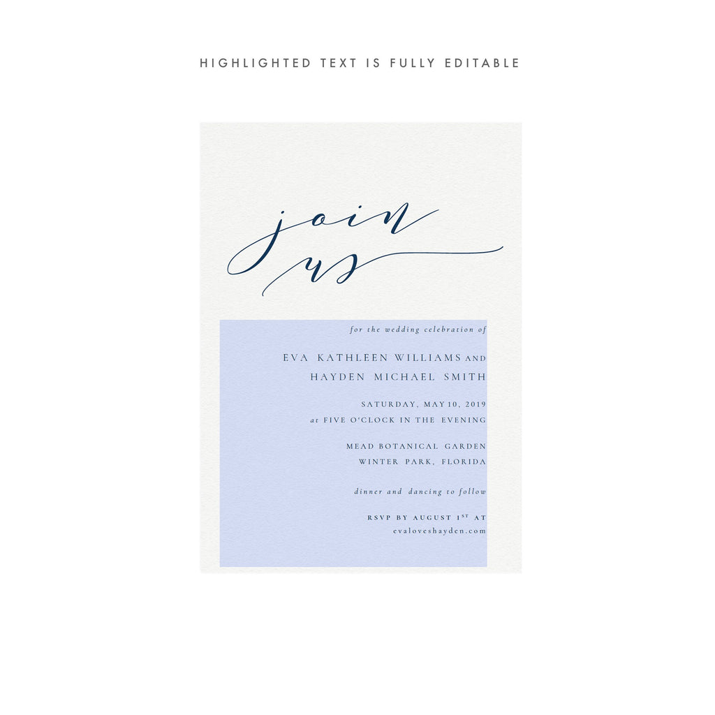 Navy Calligraphy Wedding Invitation Template: Melia Suite (PDF)