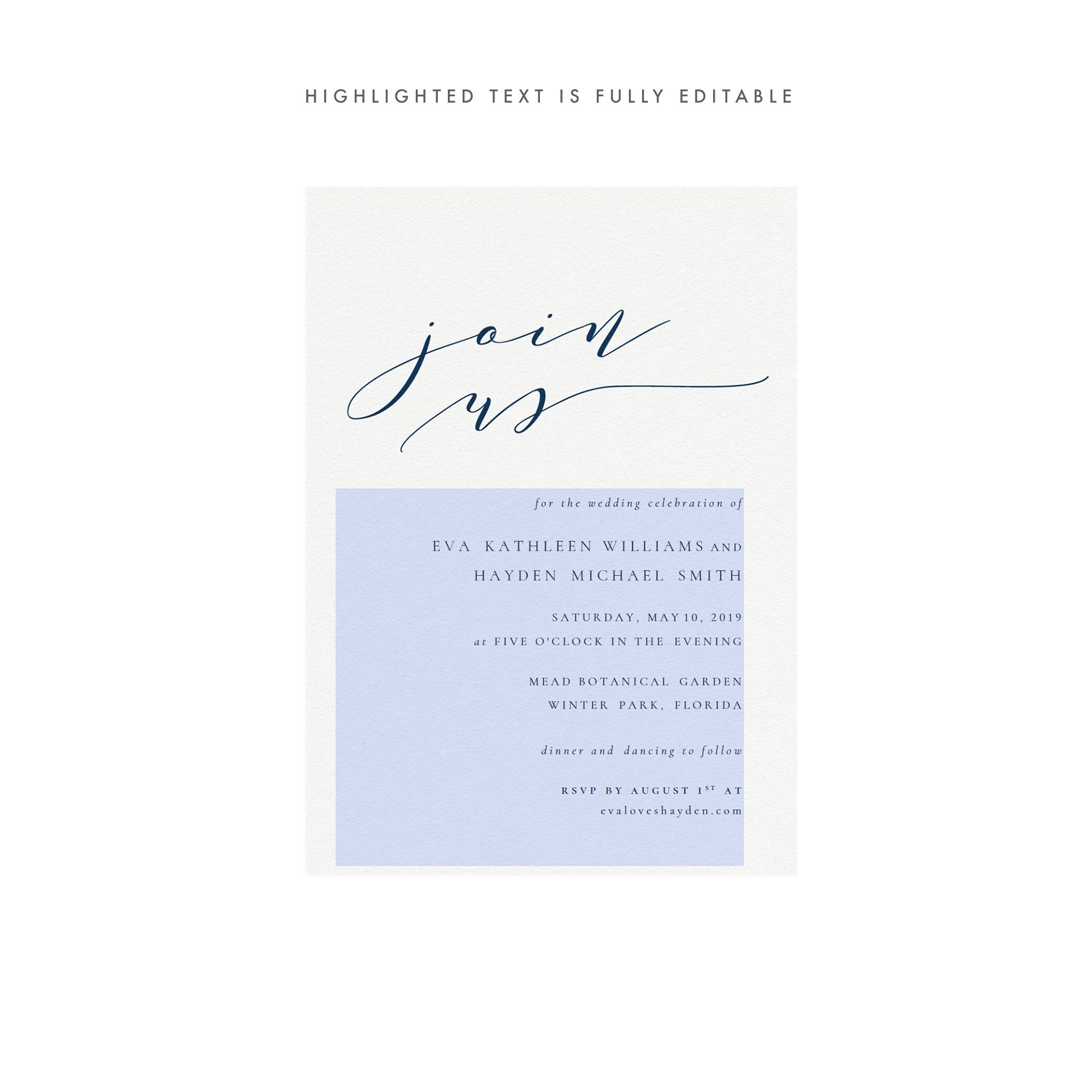 Navy Calligraphy Wedding Invitation Template: Melia Suite (PDF)