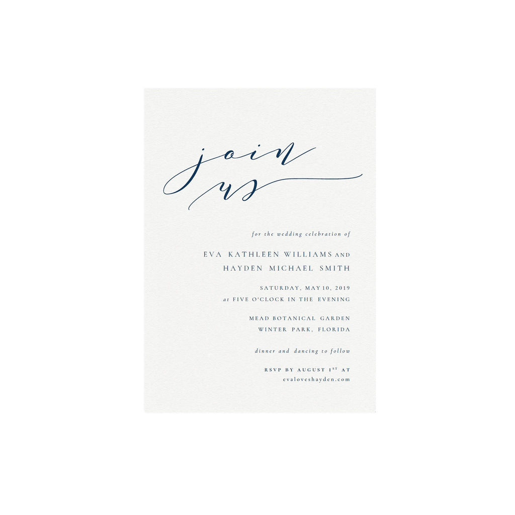 Navy Calligraphy Wedding Invitation Template: Melia Suite (PDF)