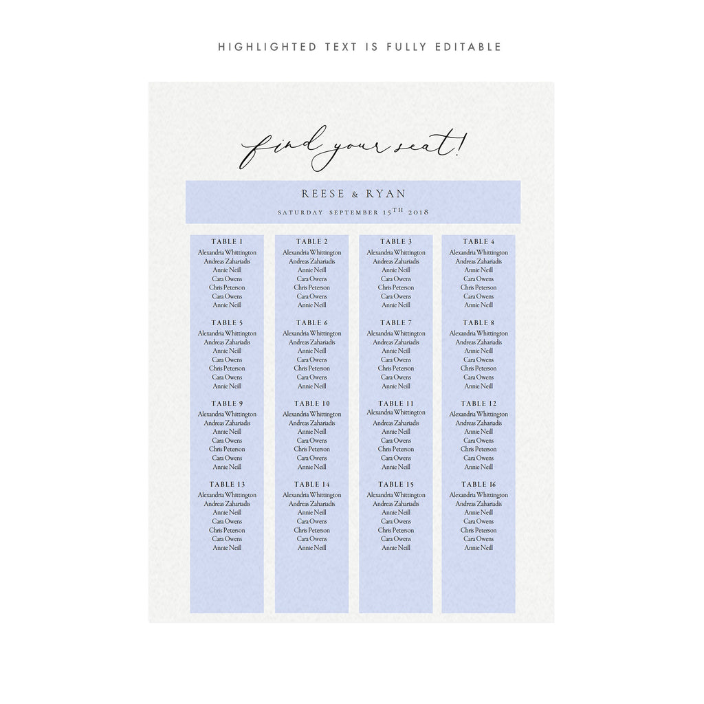 Calligraphy Wedding Seating Chart Template: Marlow 18x24 (PDF Instant Download)