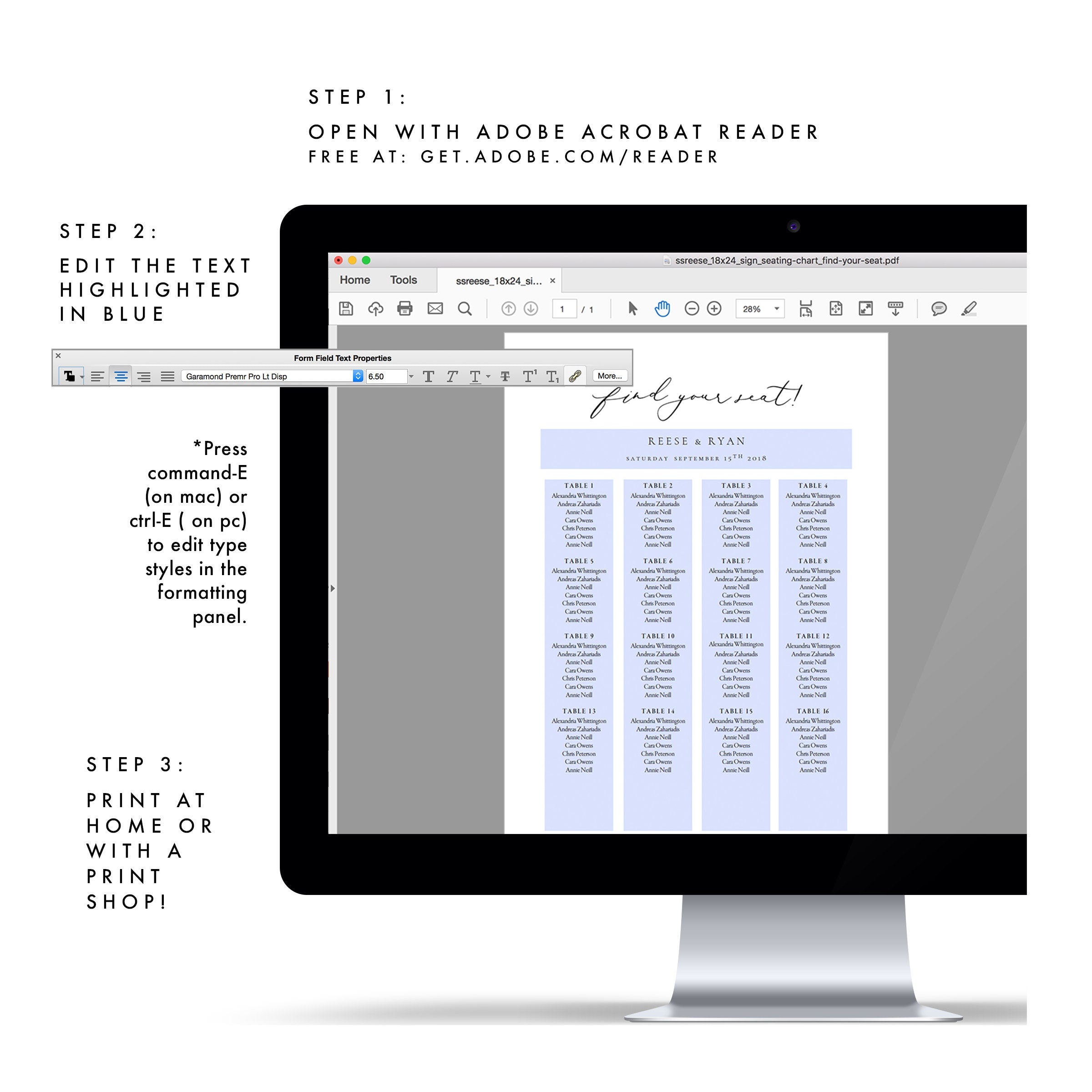 Calligraphy Wedding Seating Chart Template: Marlow 18x24 (PDF Instant Download)