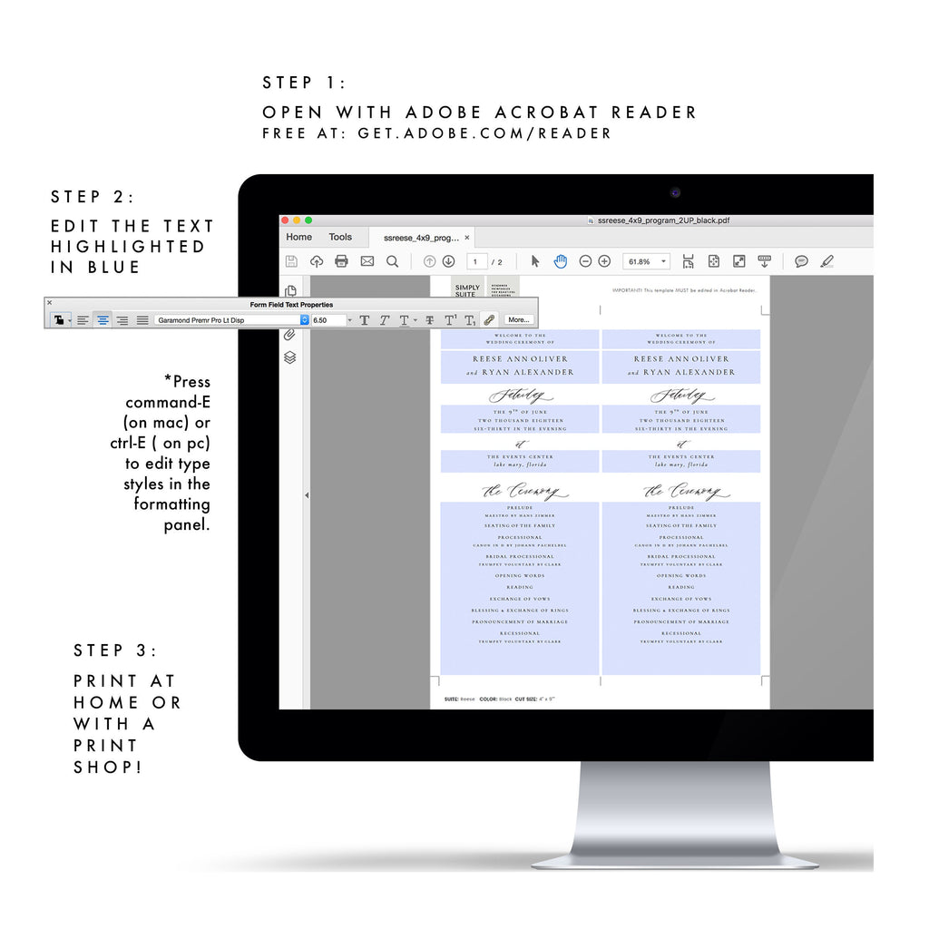 Calligraphy Wedding Program Template: Editable 4x9" Flat Panel (PDF Download)