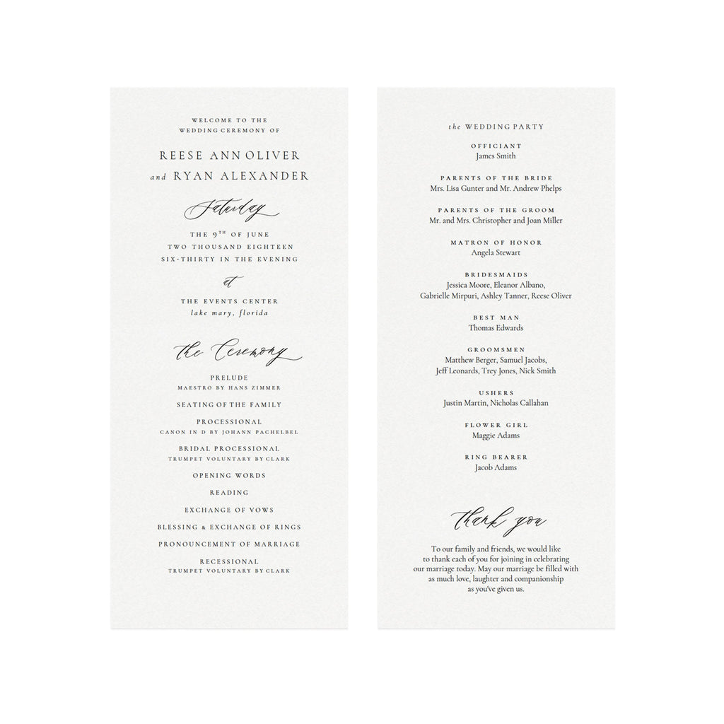 Calligraphy Wedding Program Template: Editable 4x9" Flat Panel (PDF Download)
