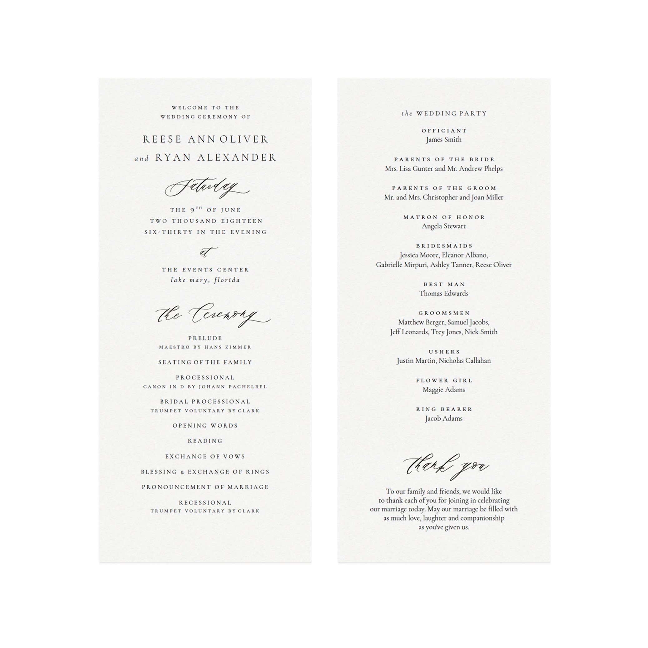 Calligraphy Wedding Program Template: Editable 4x9" Flat Panel (PDF Download)