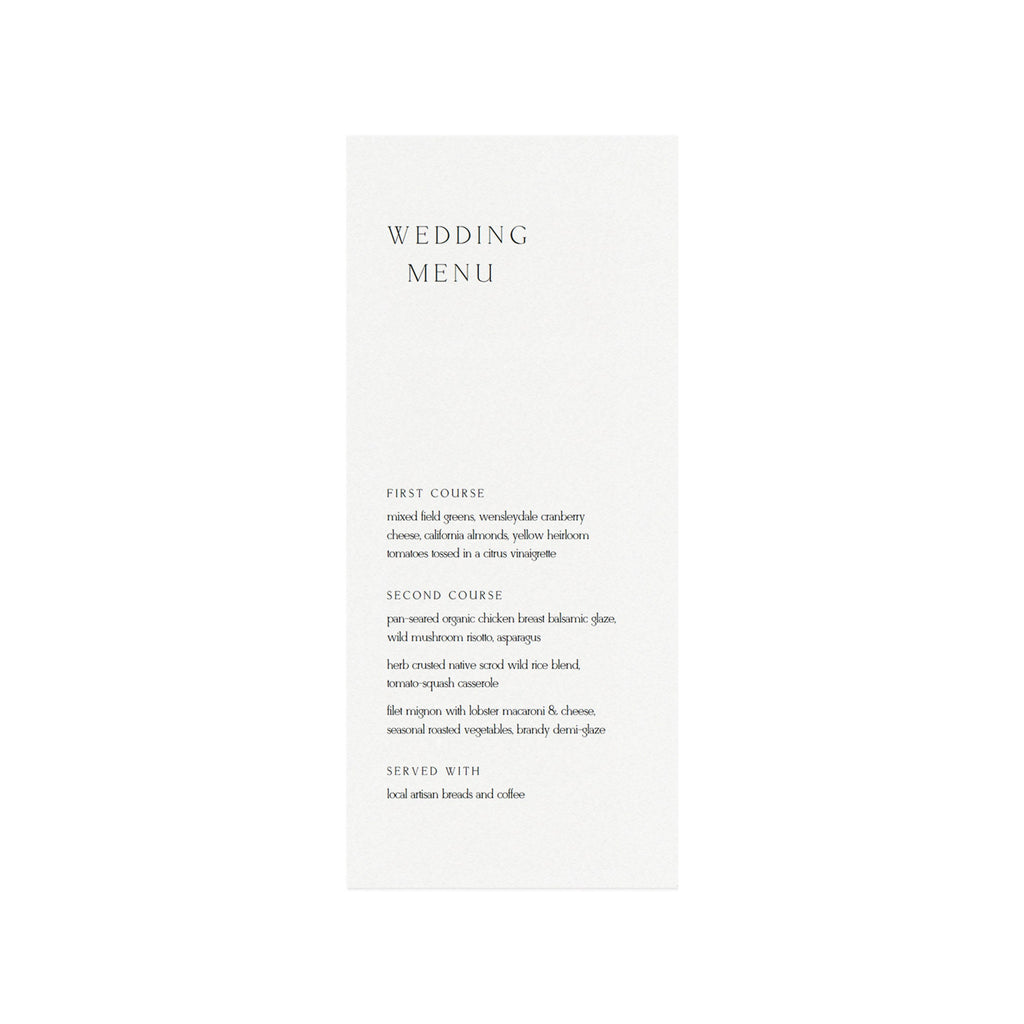 Minimalist Wedding Menu Template: Printable 4x9 Reception Dinner (PDF)