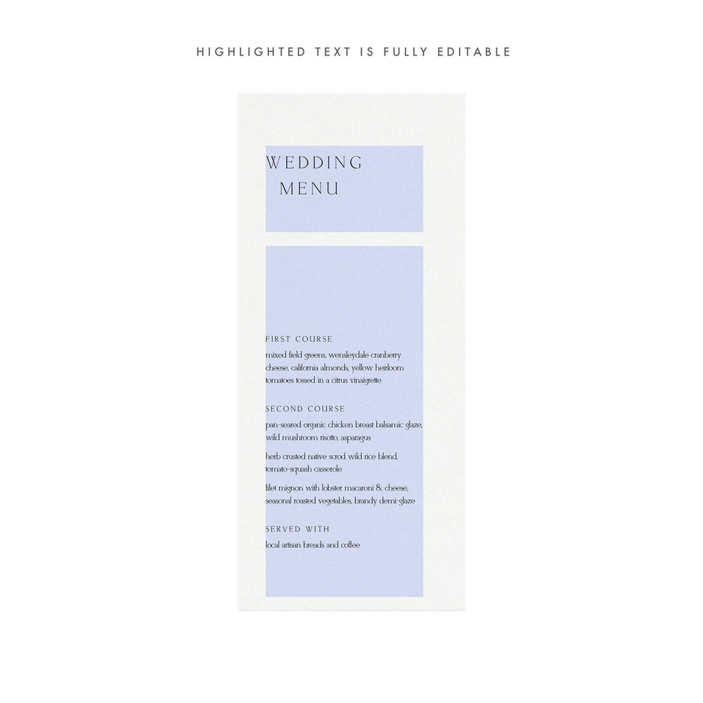 Minimalist Wedding Menu Template: Printable 4x9 Reception Dinner (PDF)