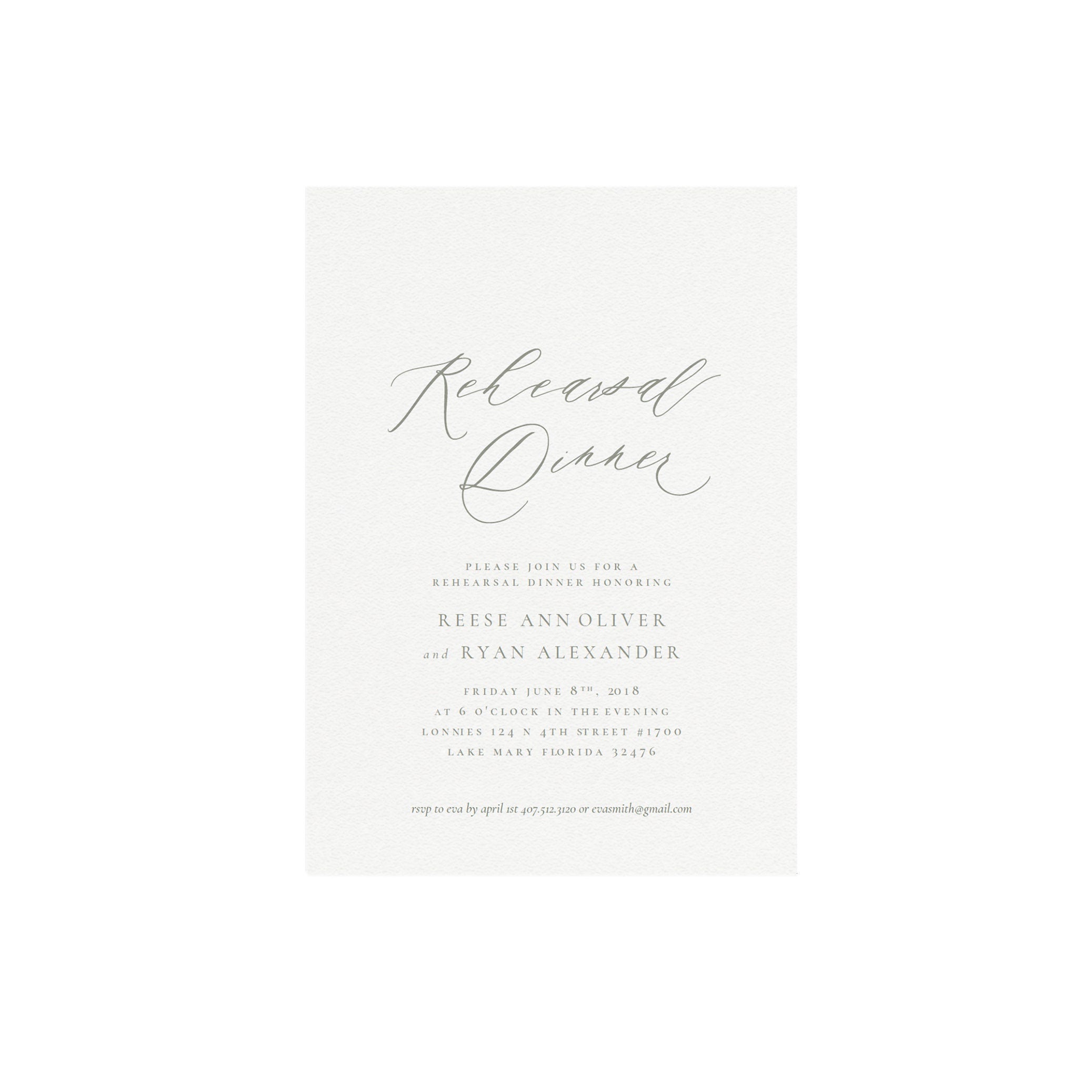 Sage Gray Calligraphy Rehearsal Dinner Invitation Template (PDF)