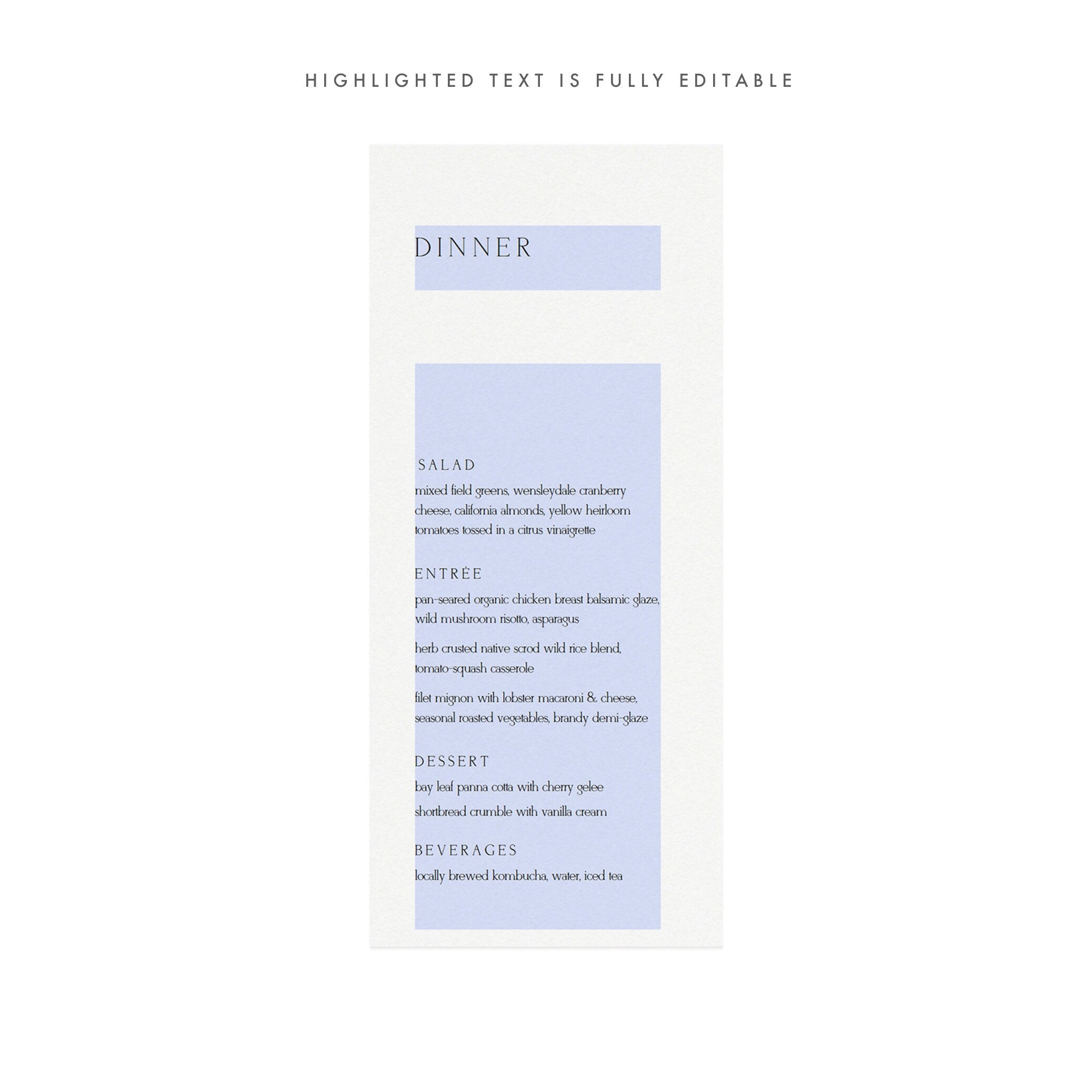 Minimalist Dinner Menu Template: Editable PDF, Modern Wedding (4x9)