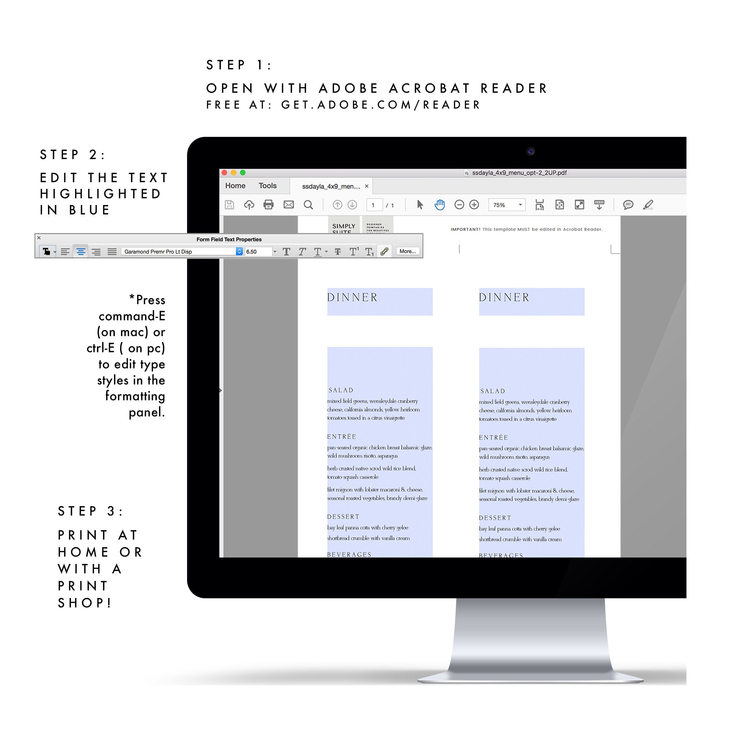 Minimalist Dinner Menu Template: Editable PDF, Modern Wedding (4x9)