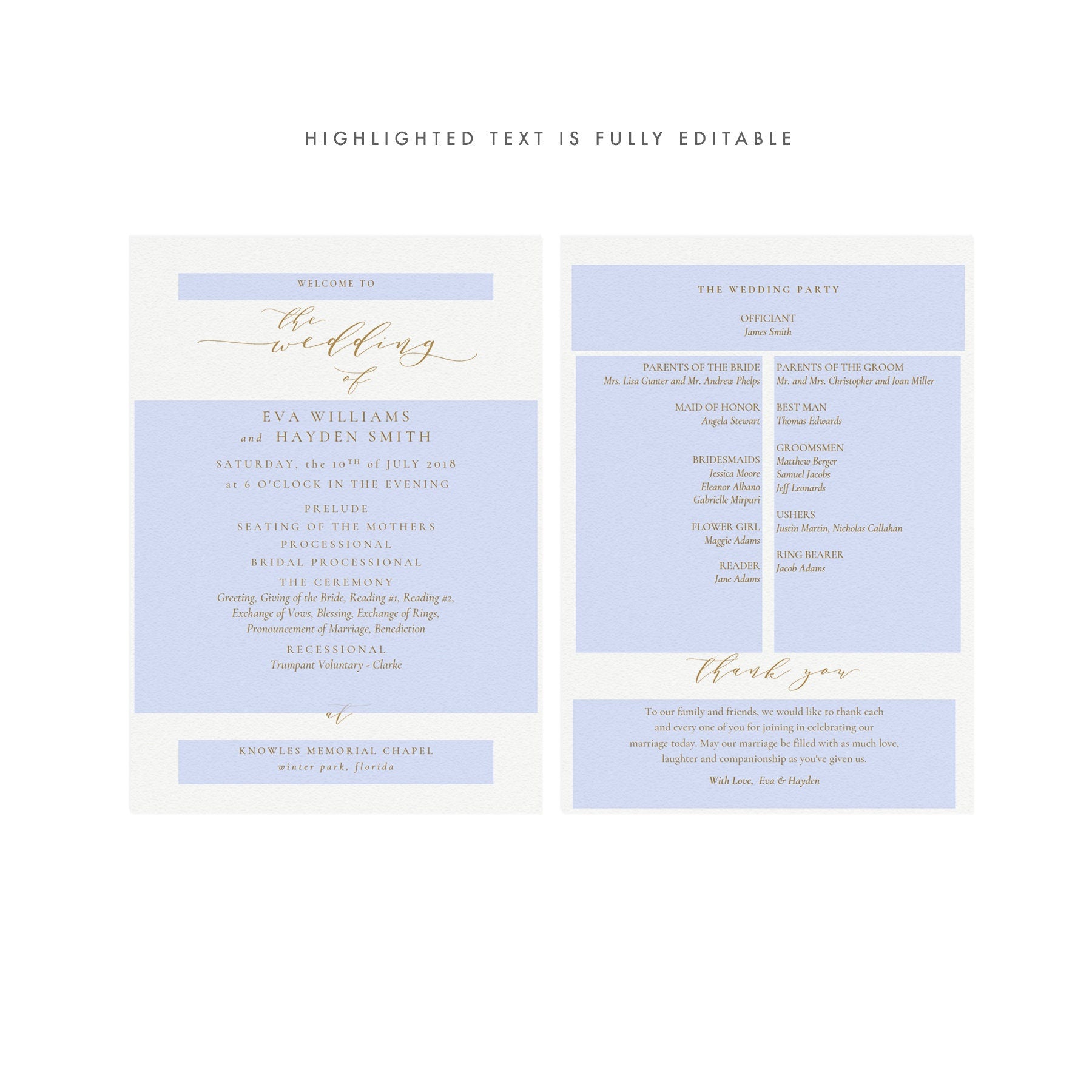 Gold Calligraphy Wedding Program Template: Classic Elegant (5x7 PDF)