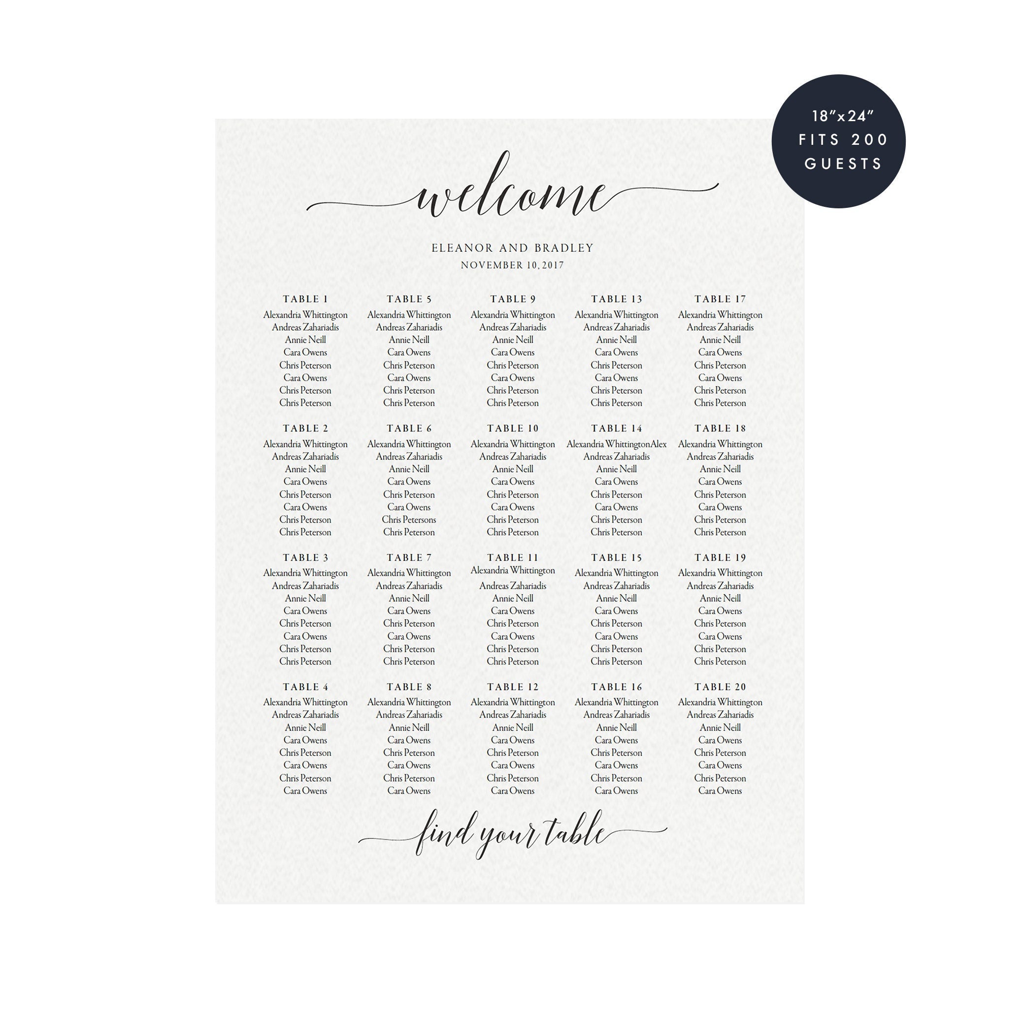 Calligraphy Wedding Seating Chart Sign Template (PDF Download)