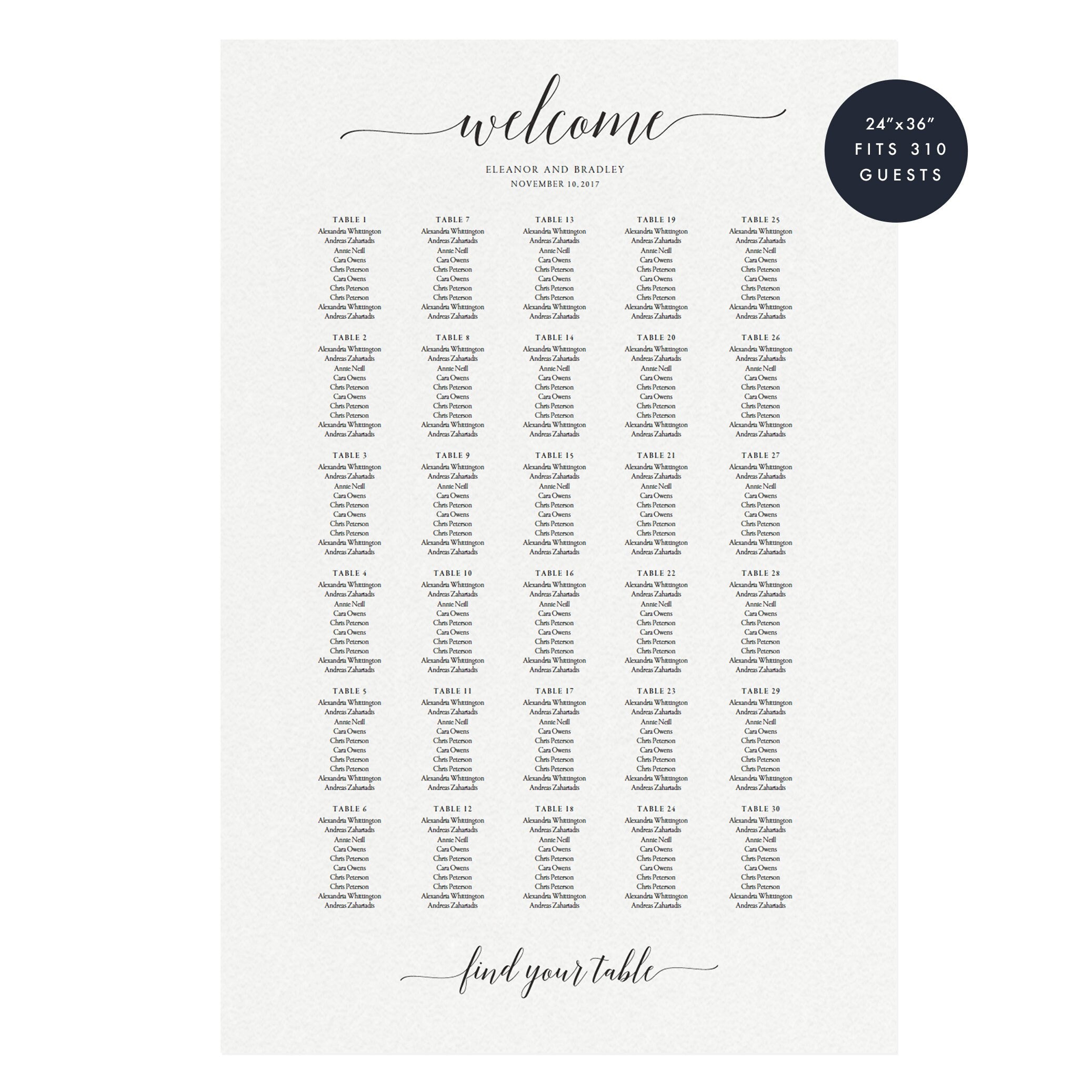 Calligraphy Wedding Seating Chart Sign Template (PDF Download)