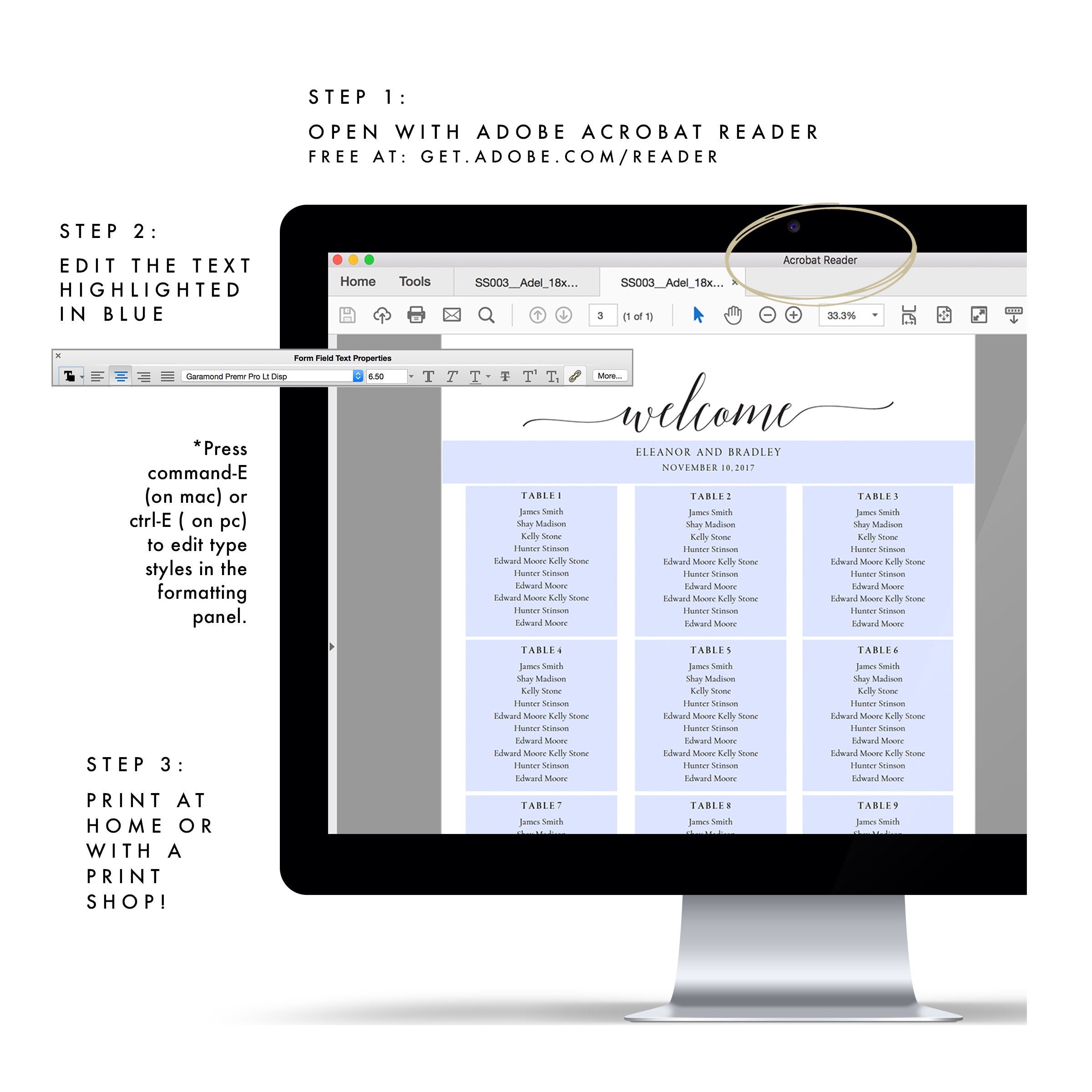 Calligraphy Wedding Seating Chart Sign Template (PDF Download)