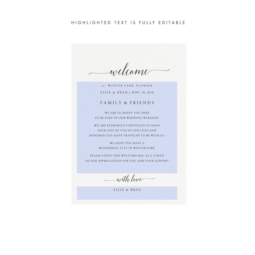 Calligraphy Wedding Welcome Bag Card Template (PDF Instant Download)