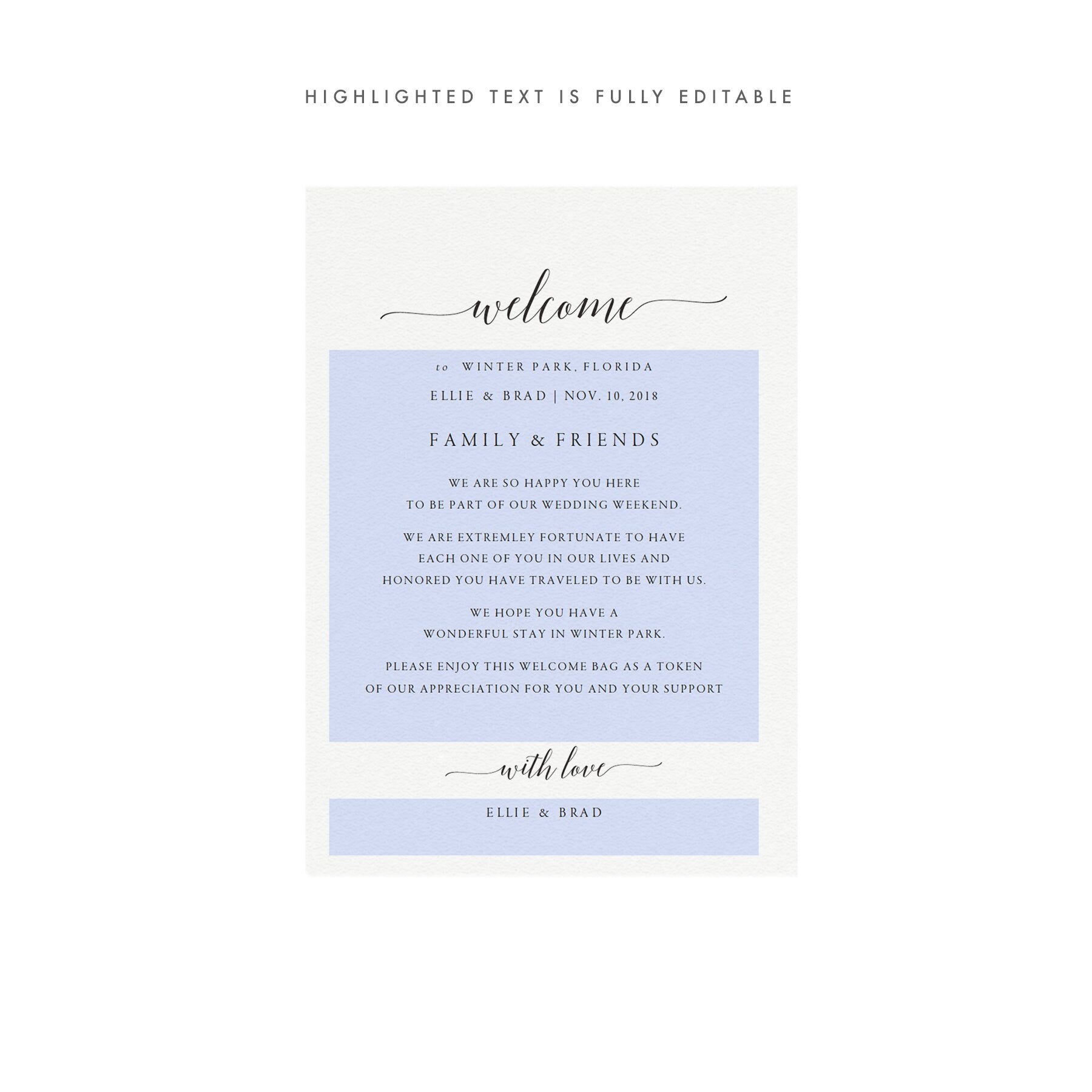 Calligraphy Wedding Welcome Bag Card Template (PDF Instant Download)