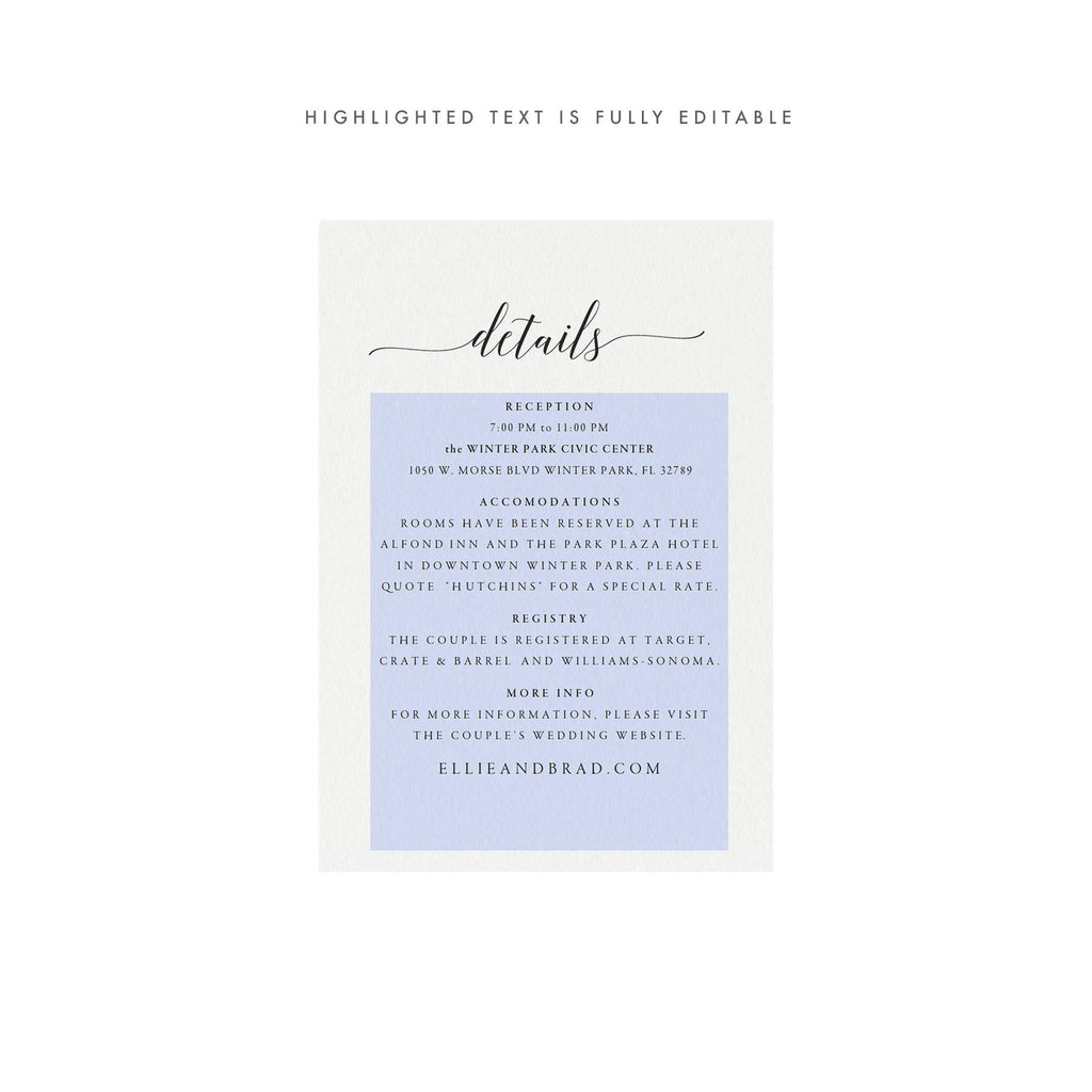 Calligraphy Wedding Details Card Template (PDF Instant Download)