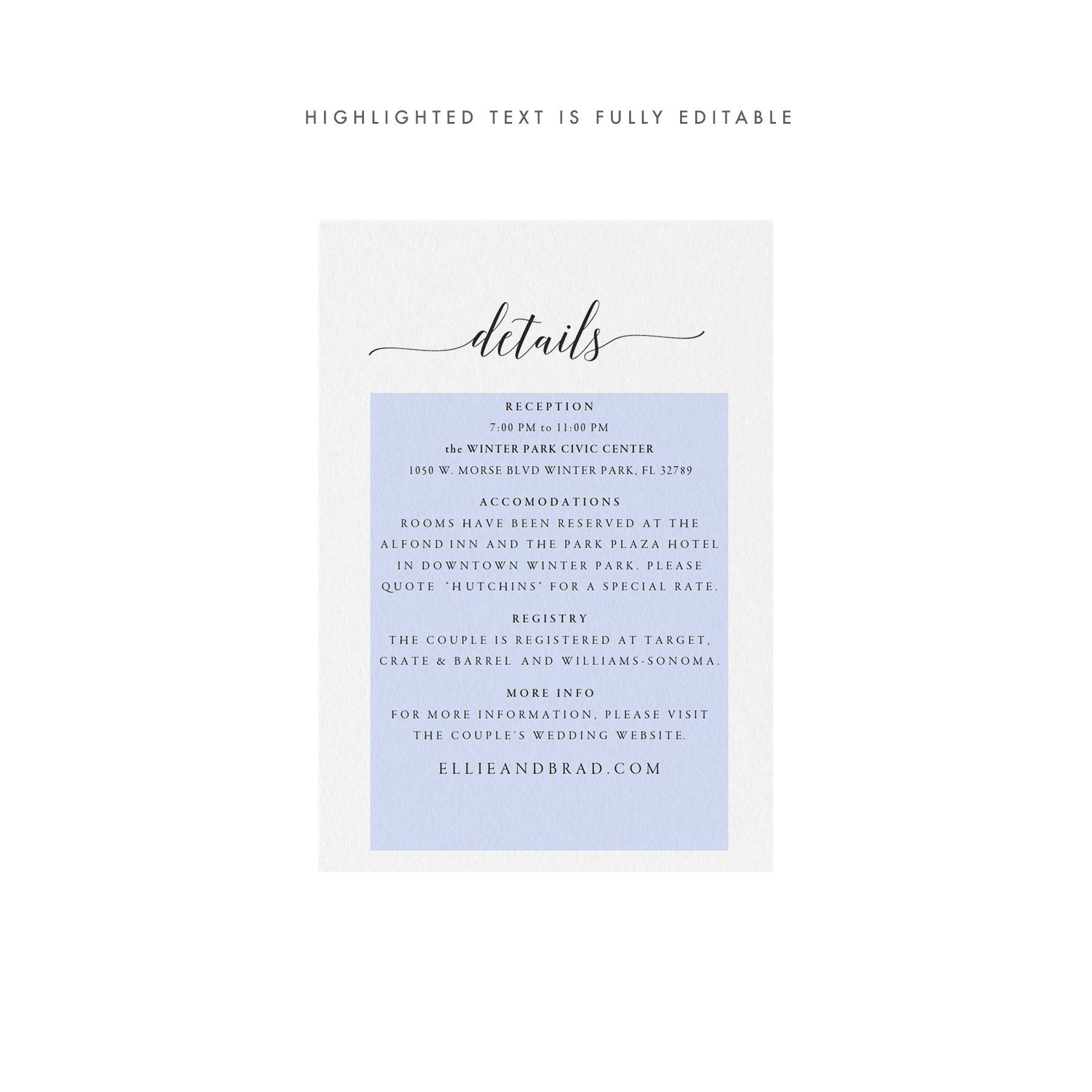 Calligraphy Wedding Details Card Template (PDF Instant Download)