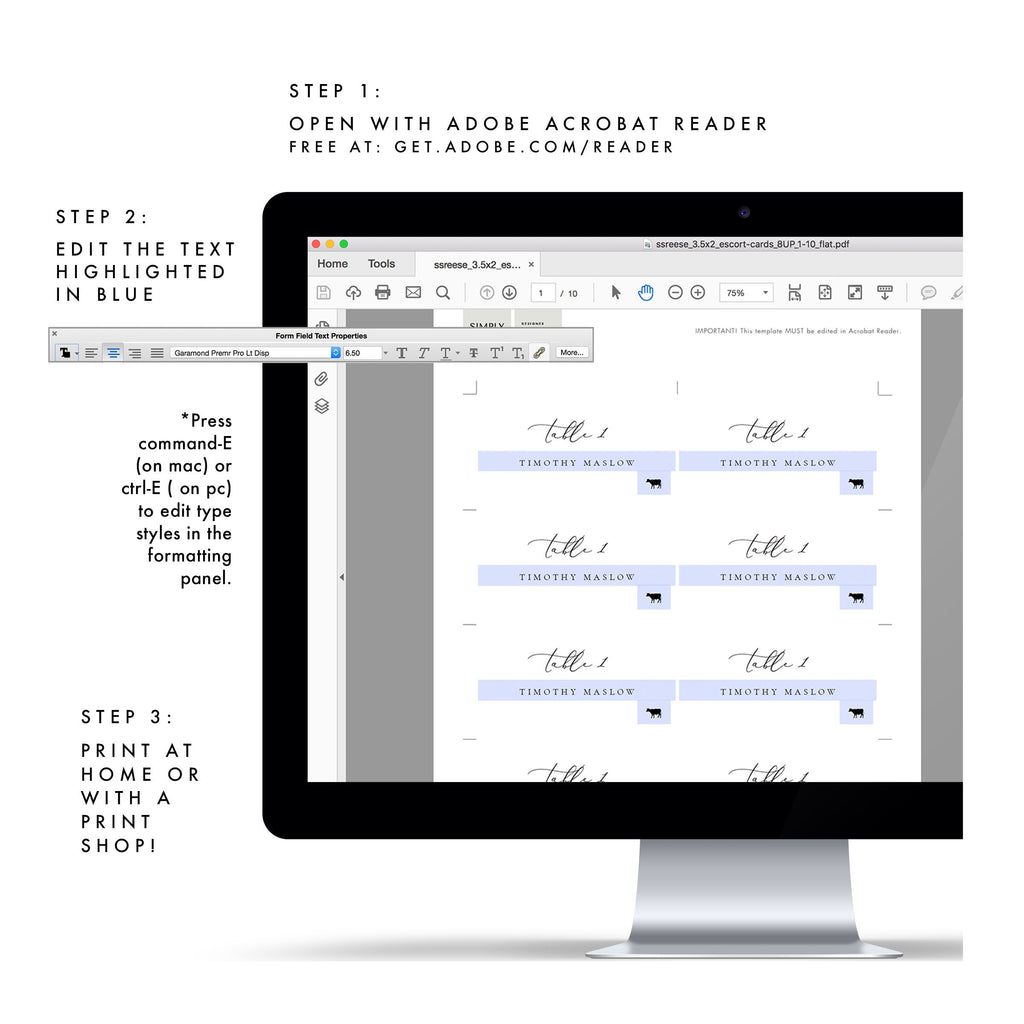 Marlow:  3.5x2 Escort Card Template Meal Icons Tables 1-30 Head Table, Avery 5302, Flat, Folded, Printable Calligraphy PDF Instant Download